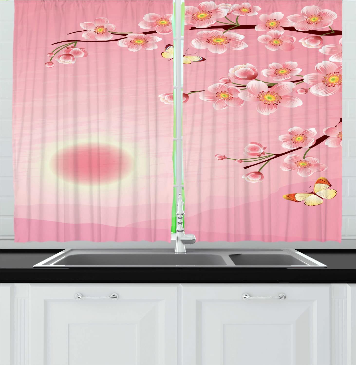 Ambesonne Cherry Blossom Kitchen Curtains Set of 2 - Pink Yellow Floral Print with Sun and Butterflies Design - 55