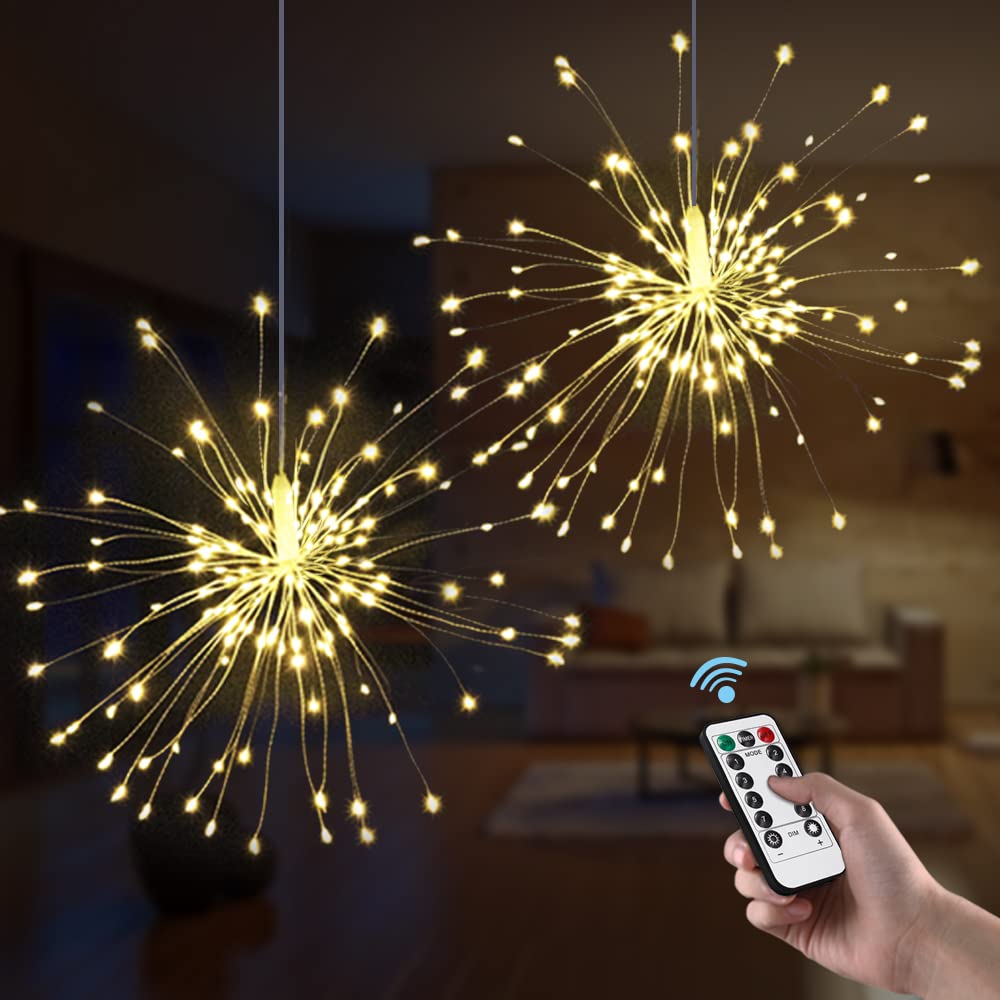 2 Pack Firework LED Copper Starburst String Lights - 8 Modes Remote Control, Waterproof Fairy Lights for Halloween, Christmas, Party, Garden & Outdoor Decor (Warm White) | Perfect for Holiday Lighting, Backyard Decorations and Festive Atmosphere
