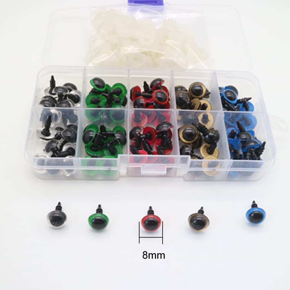 100 Pieces 8mm Plastic Safety Eyes with Washers - DIY Craft Eyes for Amigurumi, Sewing, Crochet Projects - Perfect for Doll Making, Stuffed Animals & Plush Toys