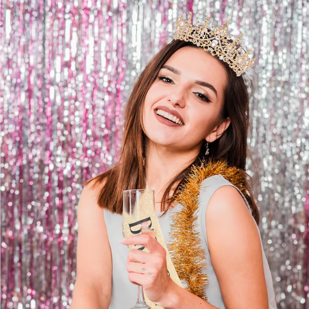 Gold Crystal Birthday Crown for Women - Elegant Queen Tiara with Combs & Glitter | Birthday Party Decorations & Gifts for Women | Perfect for Birthday Celebrations, Bachelorette Parties & Special Events