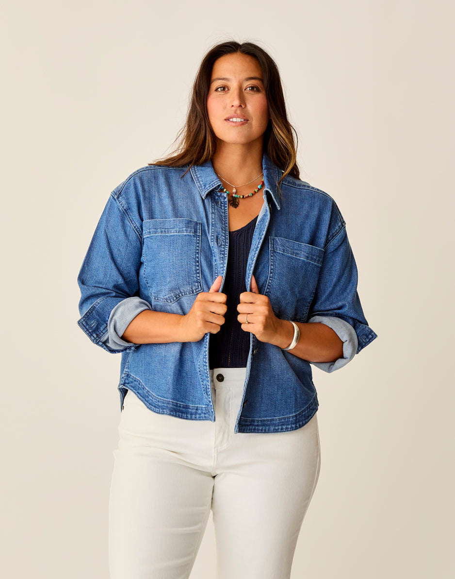 Floral Denim Shacket for Women - Stylish Magnolia Print Jacket for Casual Outfits & Spring Layering