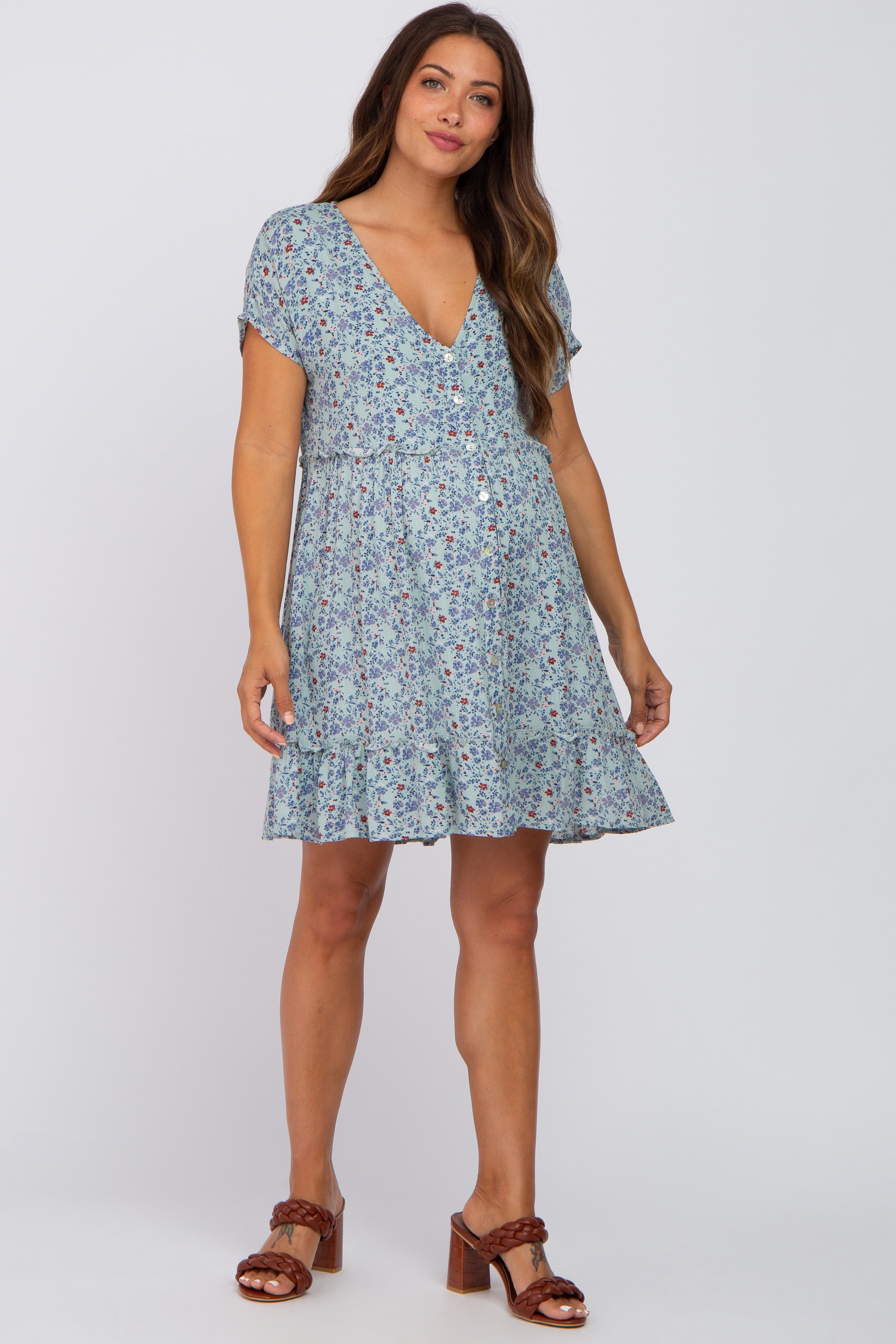 Aqua Floral Maternity Dress with Button Front & Ruffle Hem - Perfect for Baby Showers, Maternity Photos & Summer Pregnancy Outfits