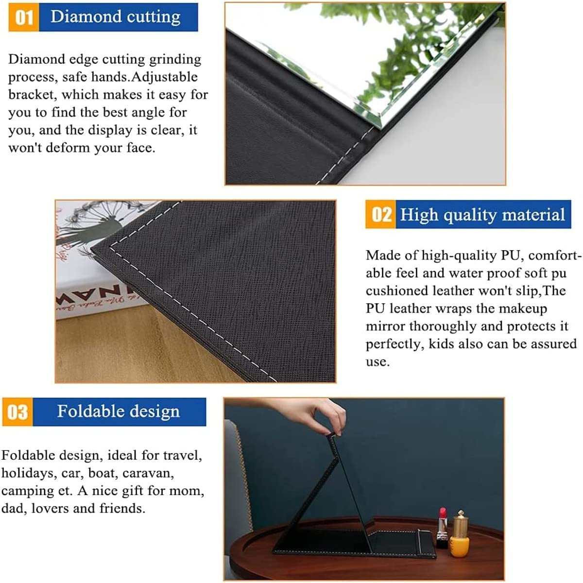 Swilak Folding Makeup Mirror with Adjustable Stand - PU Leather Cover, Desktop Vanity Mirror for Makeup & Shaving - Perfect for Travel, Home Decor, Beauty Gifts (Black) - Ideal for Bedroom, Bathroom & Dressing Table