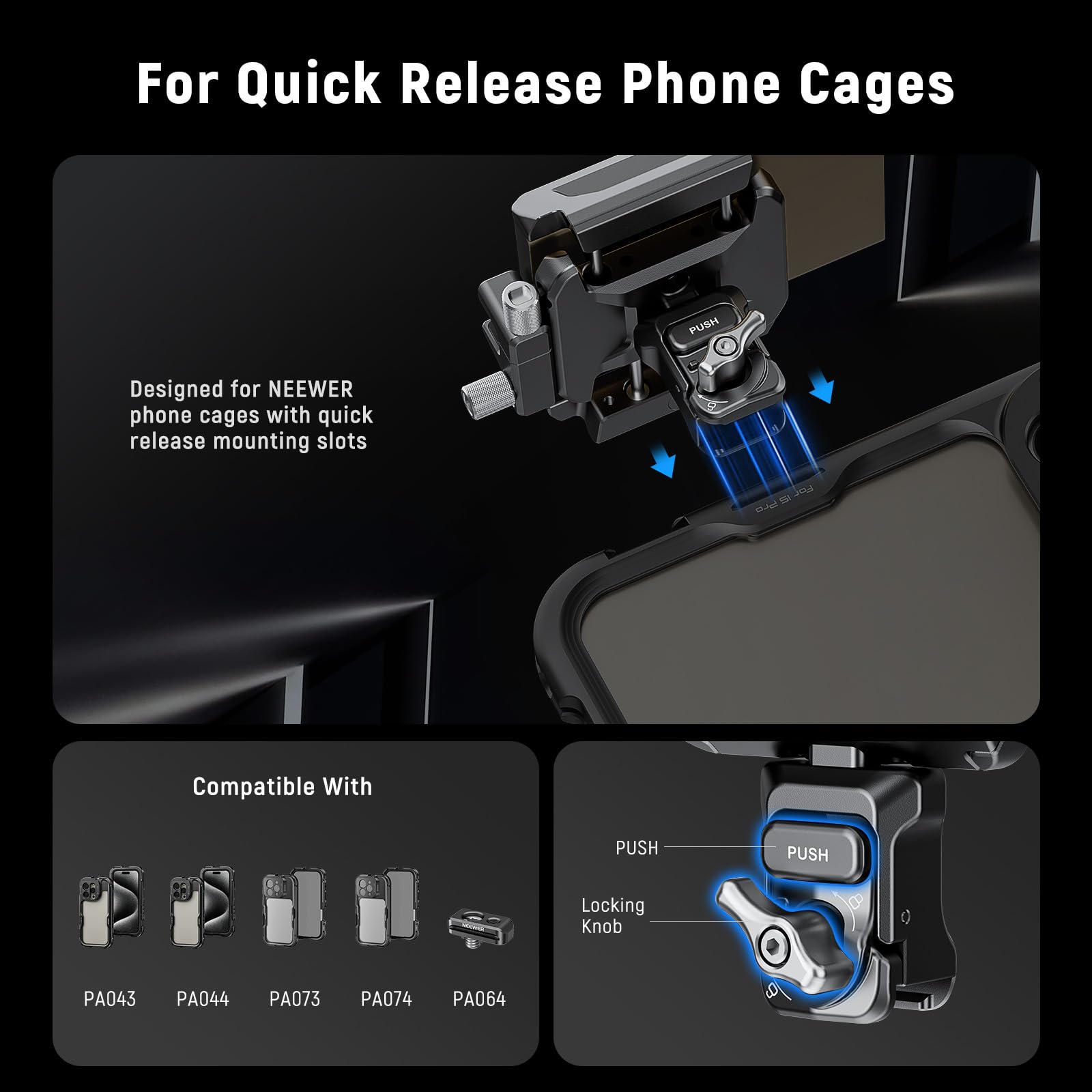 NEEWER SSD Holder 40-65mm Quick Release Bracket Mount with Cable Clamp - Compatible with SmallRig Phone Cage, iPhone 16 Pro Max/15 Pro Max, Samsung S24 Ultra, T9/T7/T5 SSD & SanDisk - Perfect for Vlogging, Photography & Video Production
