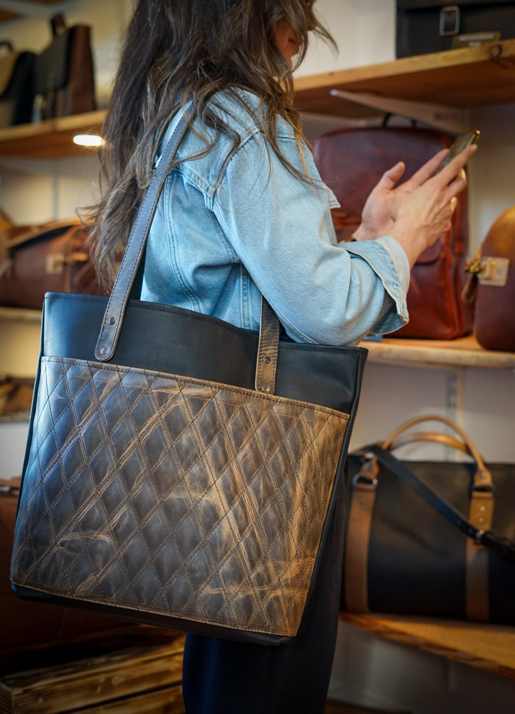 Durable Diamond Stitch Tote Bag - Flat Black & Hillbilly Sepia Colors - Perfect for Shopping, Beach Trips & Everyday Use