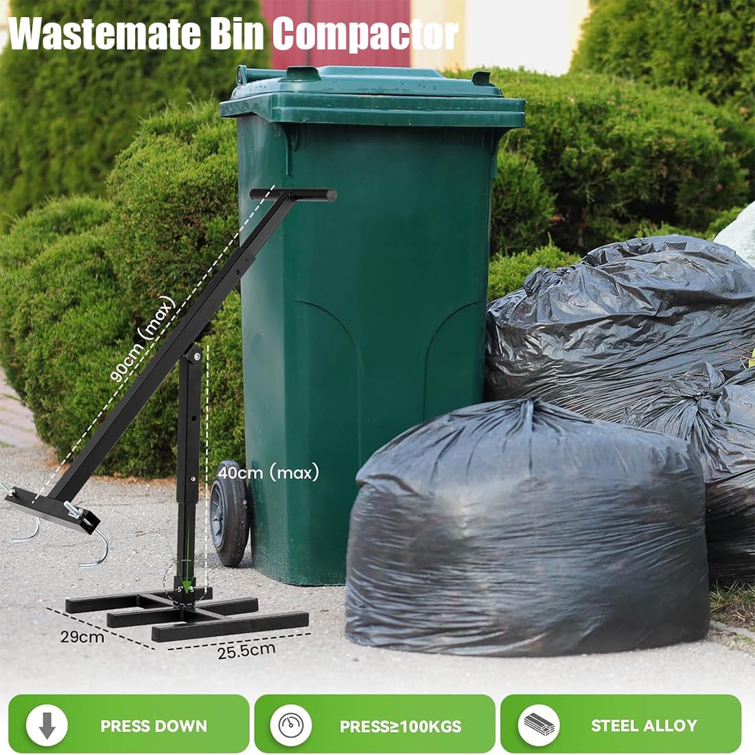 Wastemate Bin Compactor 2025 - Touchless Manual Trash Can Compactor for Household & Wheelie Bins | Space-Saving Waste Management Solution for Kitchen, Garage & Outdoor Use (1 Pack)