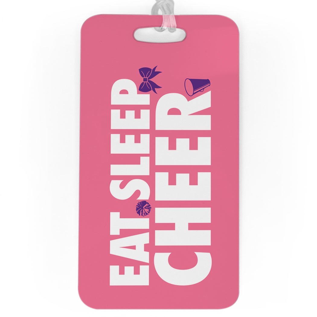 Cheerleading Luggage Tag - Personalized Eat Sleep Cheer Design with Custom Info on Back | Large Pink Cheerleader Bag Tag for Travel, Gym Bags & Sports Equipment | Perfect for Cheerleaders, Coaches & Fans