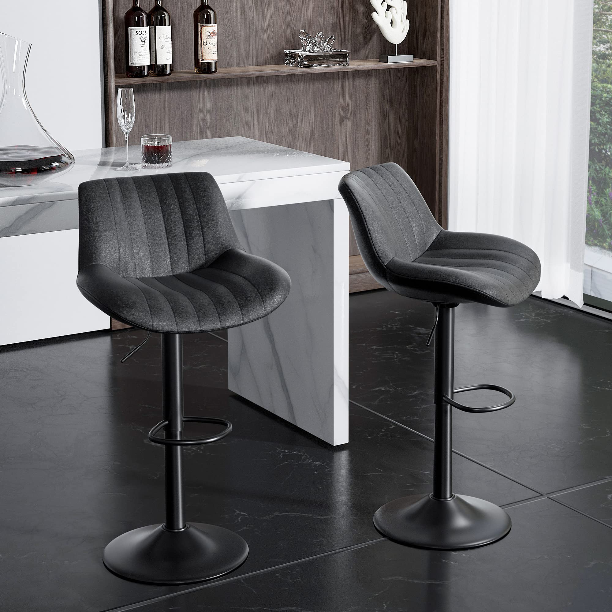 Modern Adjustable Swivel Bar Stools Set of 2 with Backs - Counter Height Kitchen Island Chairs with Performance Fabric - Perfect for Home Bar, Breakfast Nook & Dining Area - Black