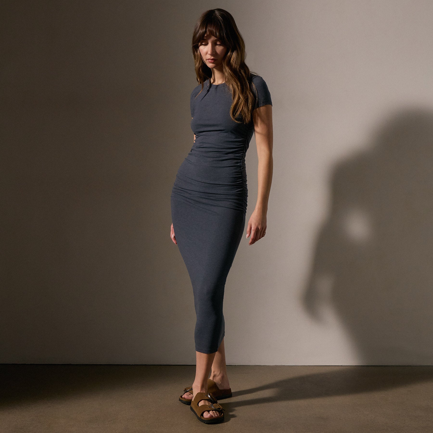 Ruched T-Shirt Dress for Women - Stylish Asphalt Gray Casual Bodycon Midi Dress | Perfect for Summer, Date Night, and Everyday Wear