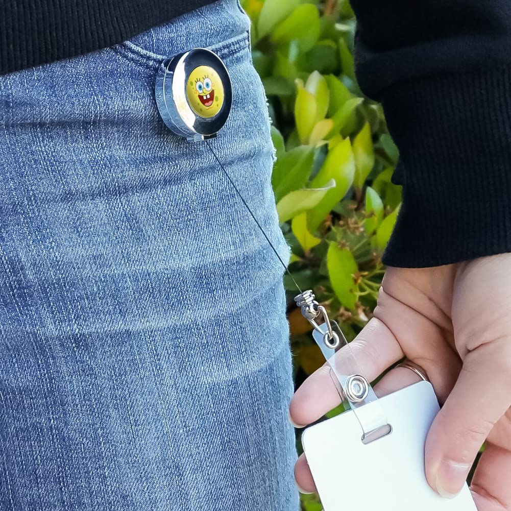 Spongebob Goofy Smile Retractable ID Badge Holder - Premium Metal Chrome Card Clip for Work, School & Events