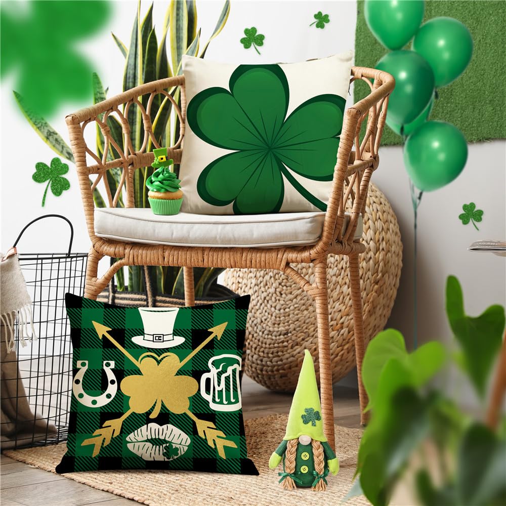 St. Patrick's Day Pillow Covers 18x18 Inch - 4 Pack Shamrock & Lucky Clover Throw Pillow Cases with Green Buffalo Plaid - Farmhouse Decor for Sofa, Couch, Bed - Perfect for Spring Home Decor & Irish Themed Parties