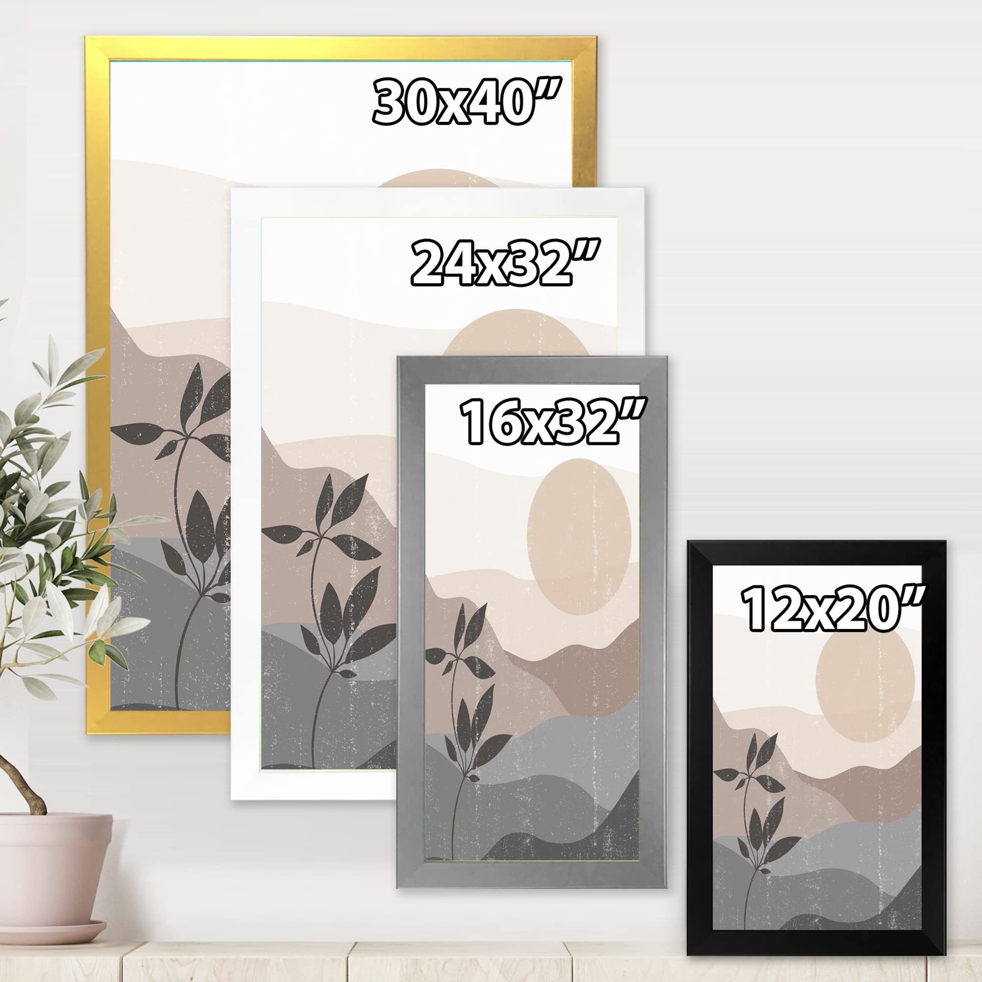 DesignQ Minimalist Mountain Sunset Landscape Framed Wall Art - Modern Home Decor for Living Room, Bedroom & Office