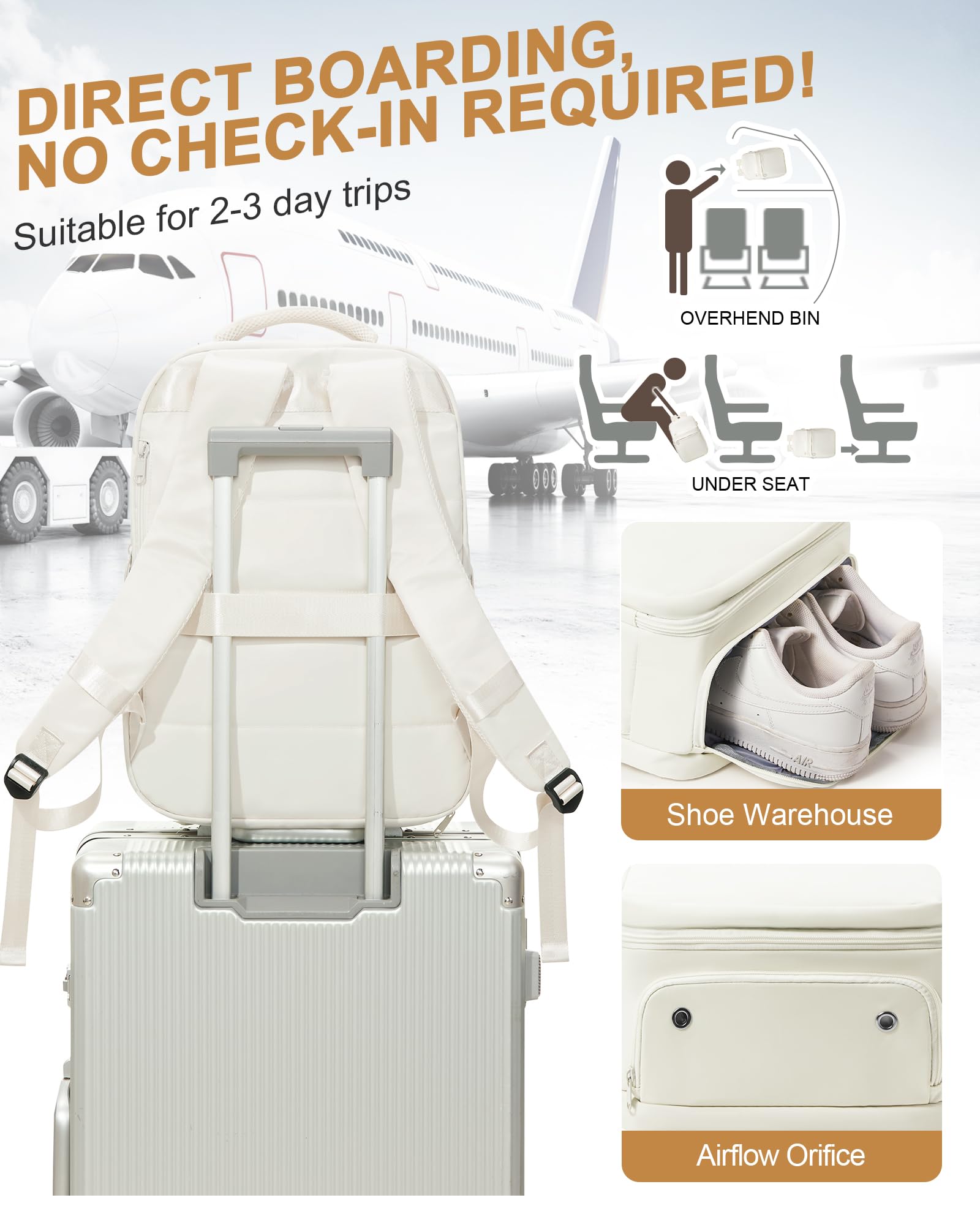 Women's Waterproof Travel Backpack - Airplane Approved Carry-On Personal Item with Shoe Compartment | Lightweight Flight Backpack for Business Trips, Weekend Getaways & International Travel (Beige)
