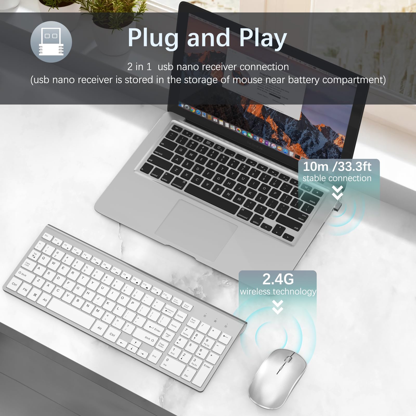 J JOYACCESS 2.4G Wireless Keyboard and Mouse Combo with Numeric Keypad - Quiet Clicks, Ergonomic Design for Laptop, Desktop, Tablet & Mac (Silver White) - Perfect for Office Work, Gaming & Home Computing