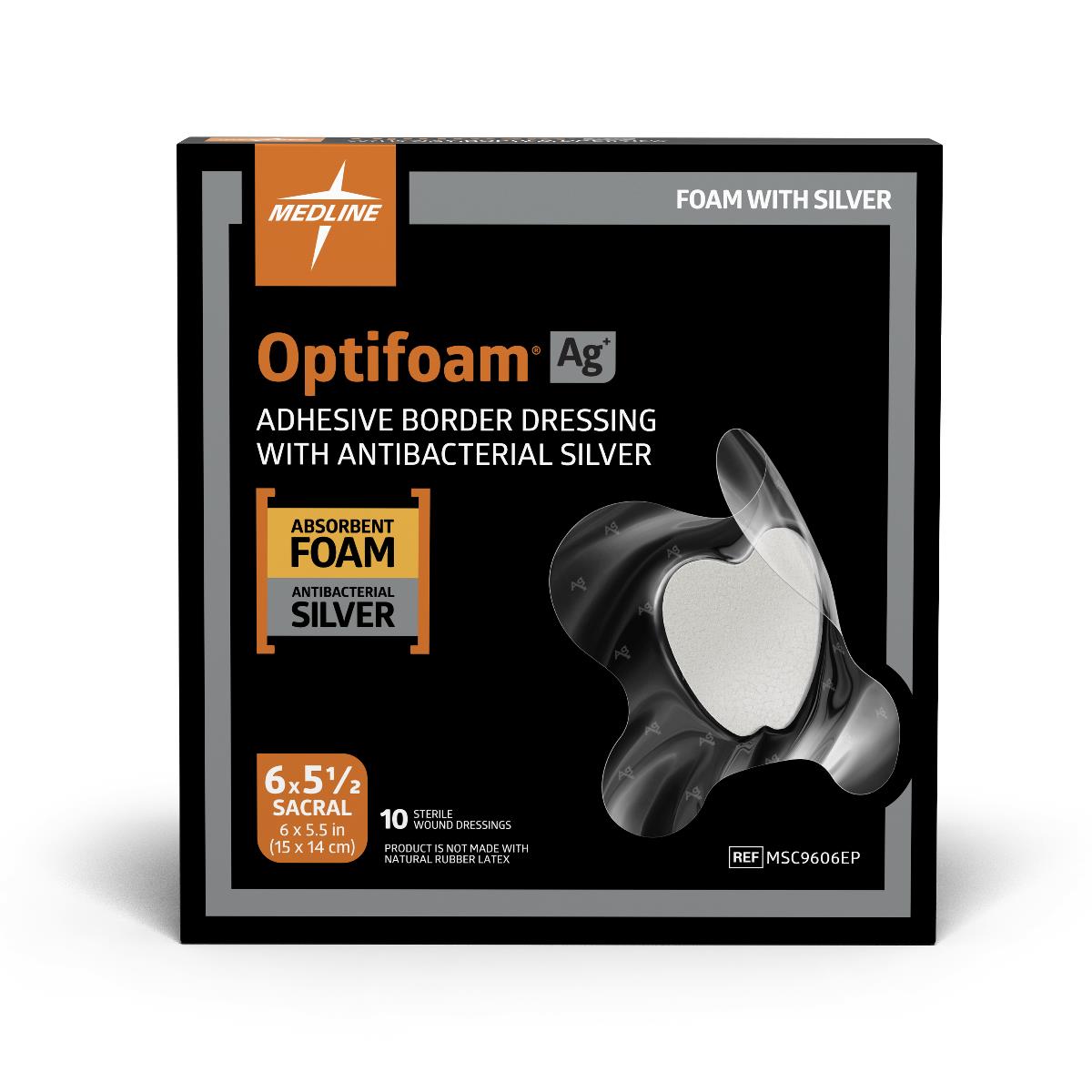 Optifoam Ag Silver Antimicrobial Adhesive Wound Dressing, 6.5 x 5.5 Inches (10 Count Box) - Ideal for Post-Surgical Care, Chronic Wounds & Burn Treatment