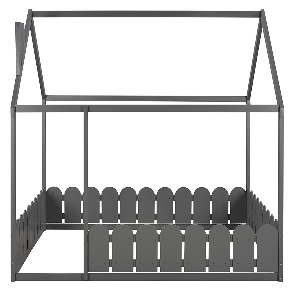 Full Size Wooden House Bed Frame with Roof & Fence - Kids Playhouse Floor Bed for Bedroom (Gray) | Perfect for Children's Room Decor & Imaginative Play