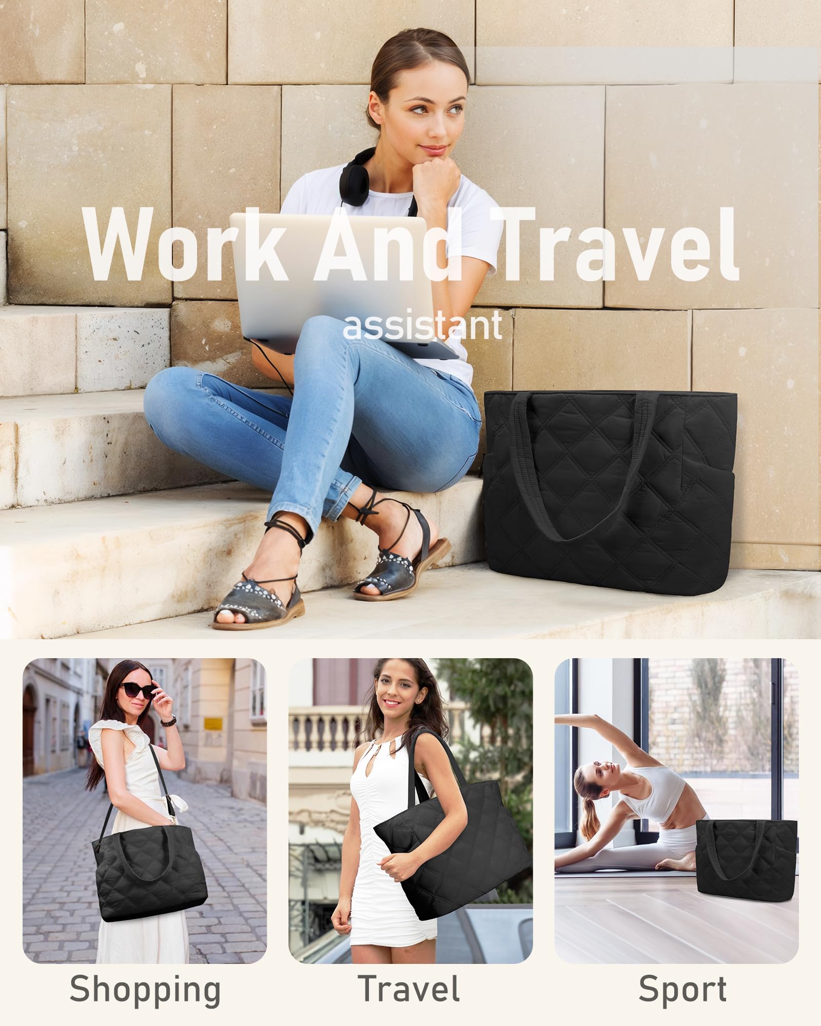 Women's Puffer Laptop Tote Bag with Zipper - Quilted Lightweight Travel Handbag for Work, Gym & Weekend - Perfect for Teachers, Nurses & Professionals (Black)