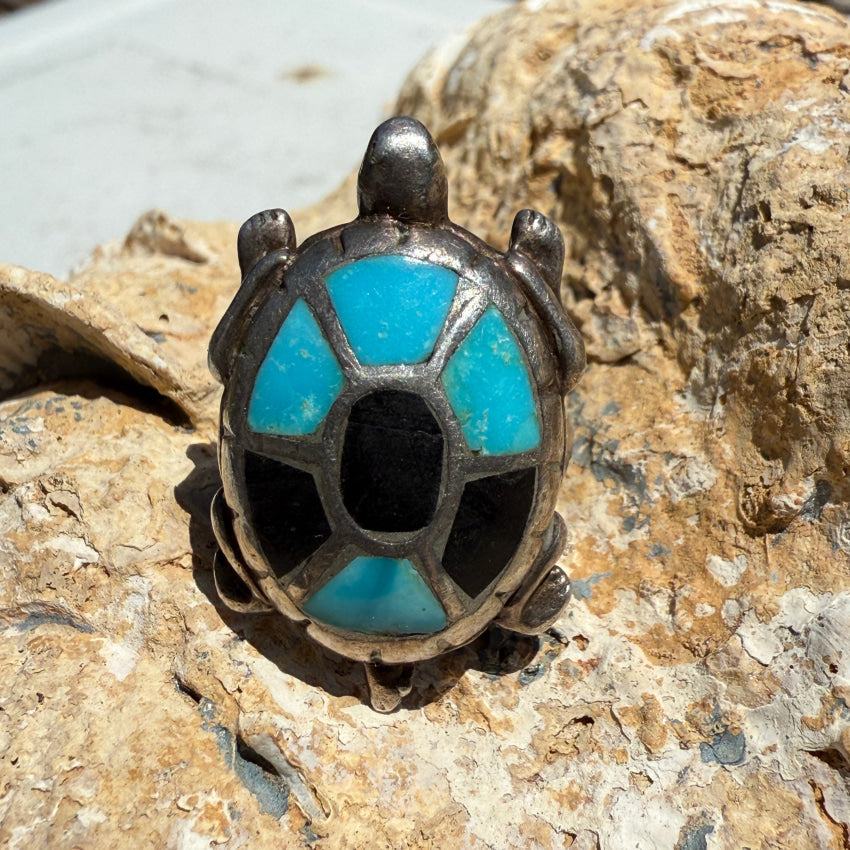 Vintage Navajo Desert Tortoise Sterling Silver Ring with Turquoise & Jet Inlay - Size 4.75 | Handmade Native American Jewelry for Women | Perfect for Boho Fashion, Western Style & Gift Giving
