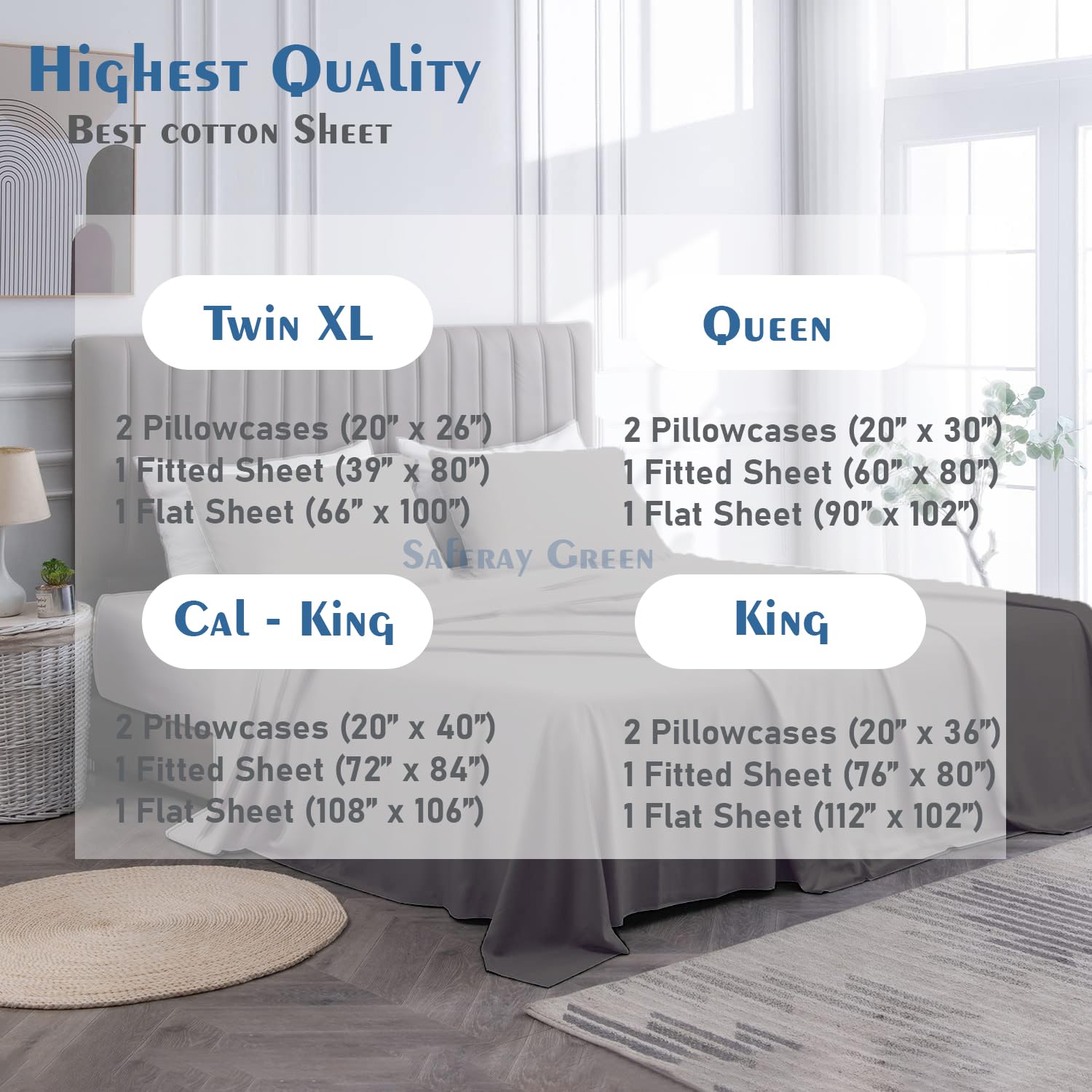 4Pc California King Size Sheet Set - 100% Organic Cotton, 800 Thread Count, Soft & Breathable Luxury Bed Sheets with 8-12