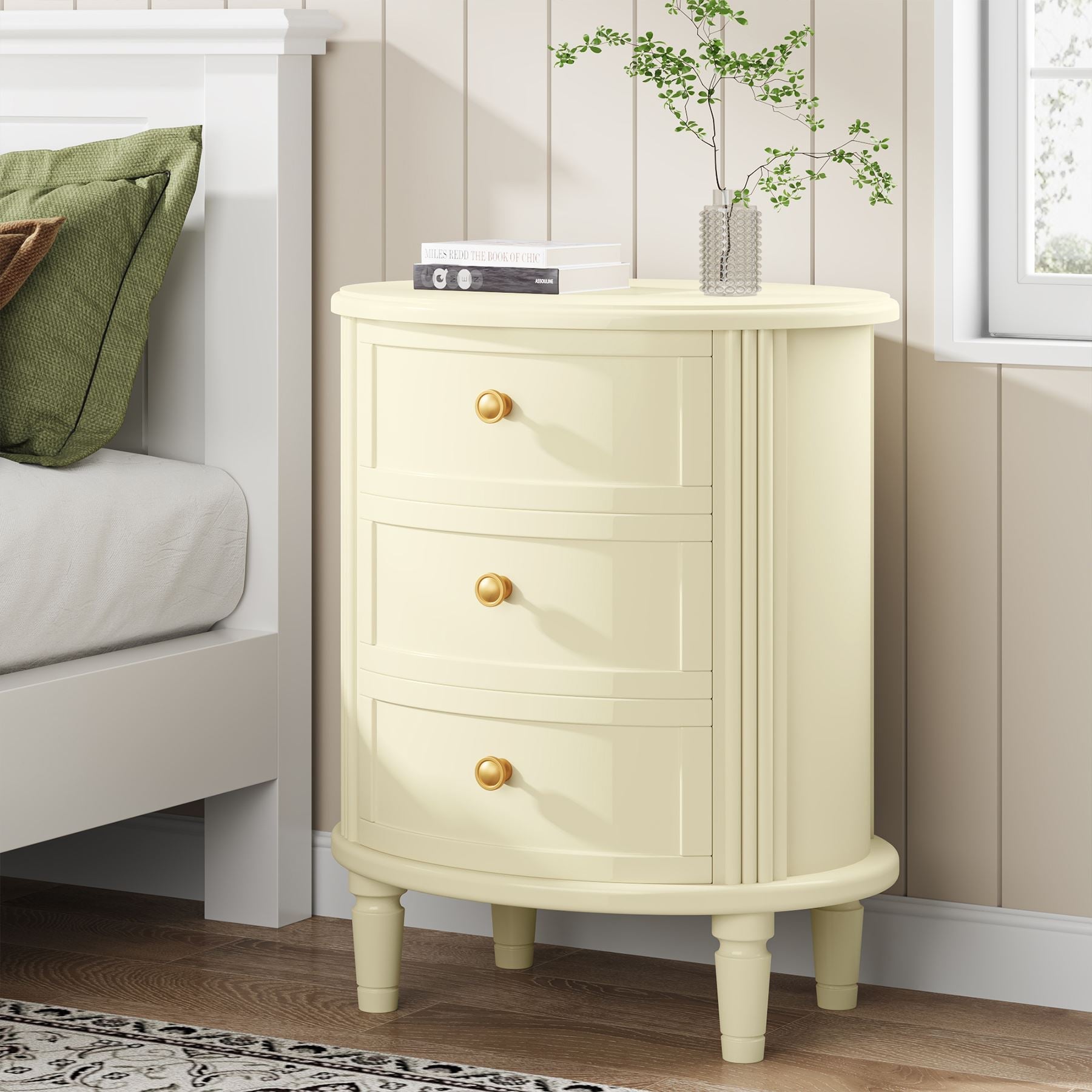 Solid Wood Nightstand with 3 Drawers - Sturdy Bedside Table with Wooden Legs for Bedroom, Living Room or Office Storage