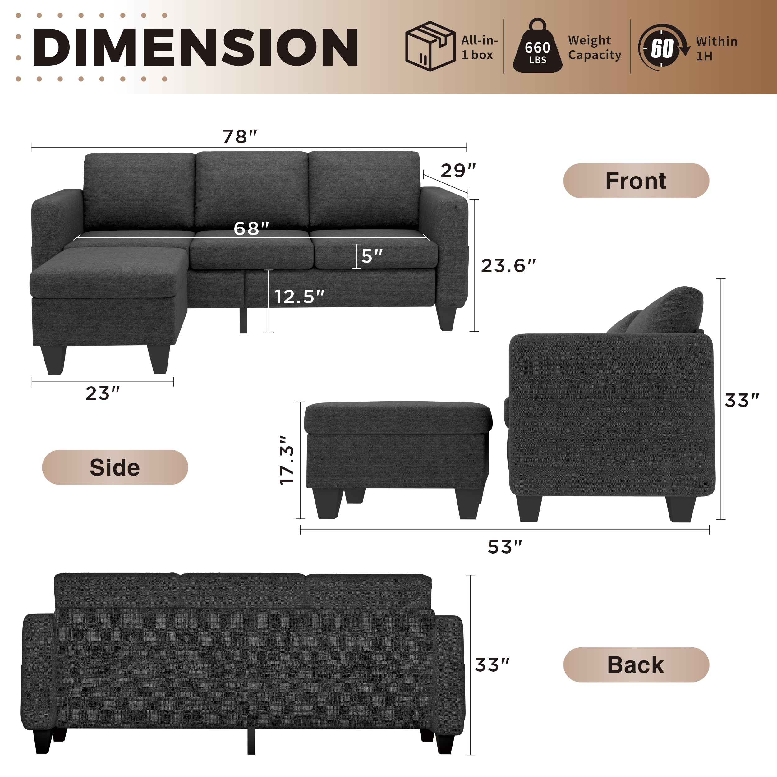 Modern L-Shaped Sectional Sofa with Ottoman - Dark Grey Convertible Modular Couch for Small Spaces, Living Room & Apartment | Perfect for Lounging, Entertaining & Space-Saving Furniture Solutions