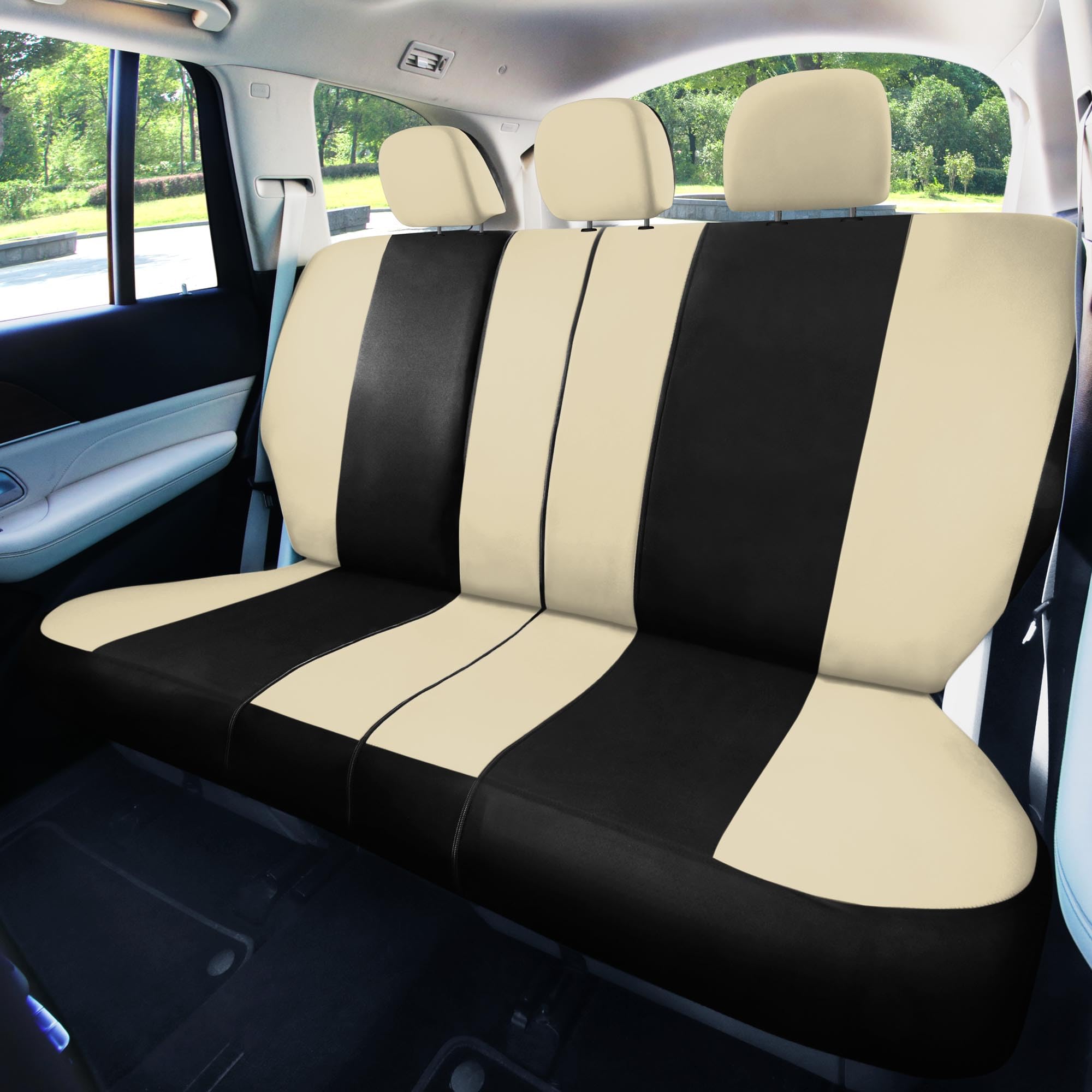 FH Group Light Breezy Beige Car Seat Cover Combo Set - Universal Fit for Cars, Trucks & SUVs | Includes Luxe Carpet Floor Mats & Steering Wheel Cover | Perfect for Road Trips, Daily Commute & Interior Protection