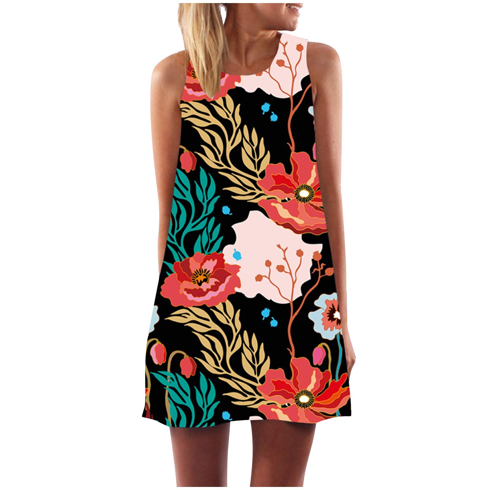 aihihe Women's Floral Printed Sleeveless Summer Tank Dress - Casual Crewneck A-Line T-Shirt Dress for Beach, Vacation & Everyday Wear