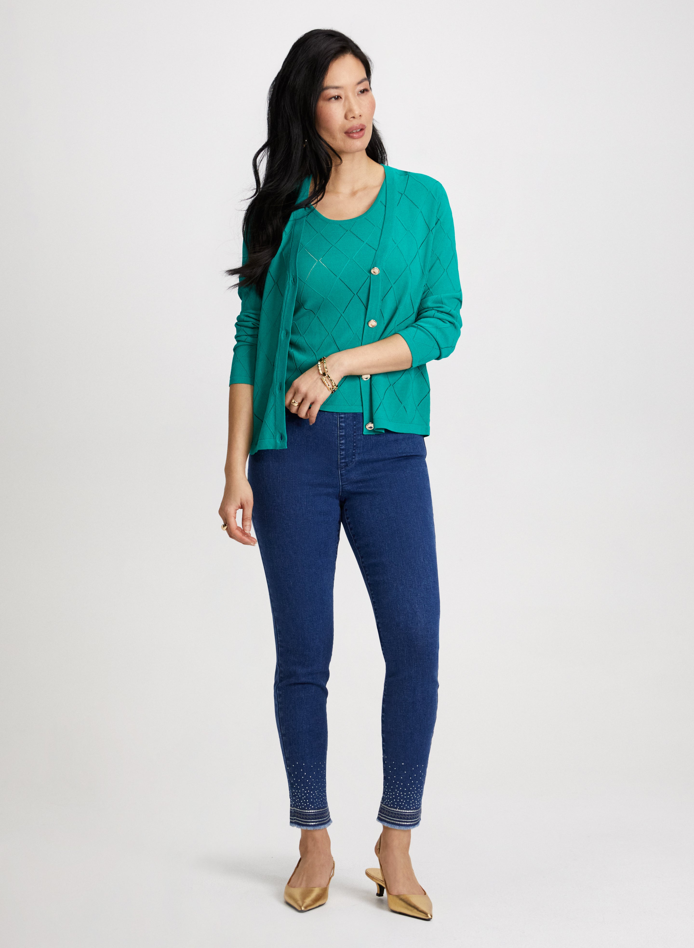 Diamond Motif Pointelle Knit Cardigan & Slim Leg Jeans Set - Women's Fashion Outfit for Casual Wear and Date Nights
