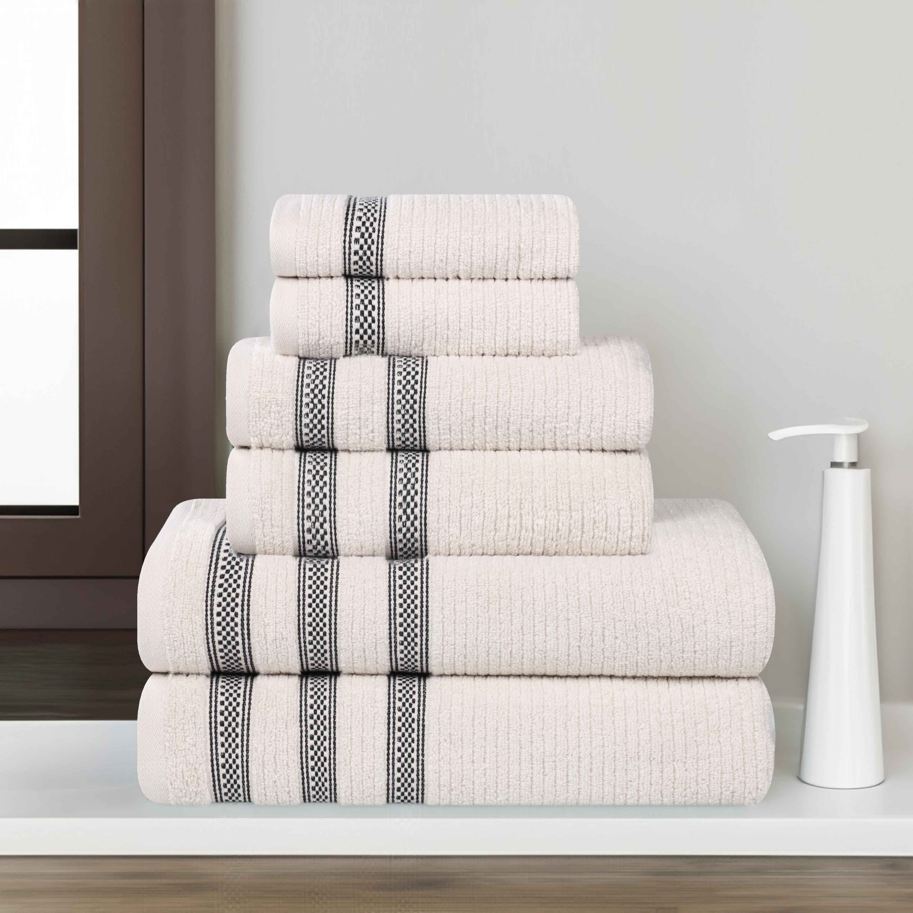 Premium 6-Piece Zero Twist Cotton Towel Set - Ultra Soft, Absorbent & Quick-Drying Bath Towels with Geometric Border Design for Spa, Bathroom & Luxury Home Decor
