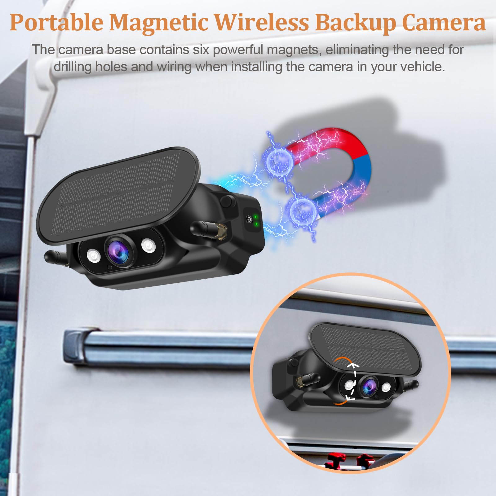 5 Inch Magnetic Solar Wireless Backup Camera with DVR - 1080P HD IPS Monitor, Rechargeable Reverse Camera System - Portable Cordless Rear View Camera for Trucks, RVs, Campers, Hitching & Horse Trailers - Perfect for Parking, Reversing & Towing Safety