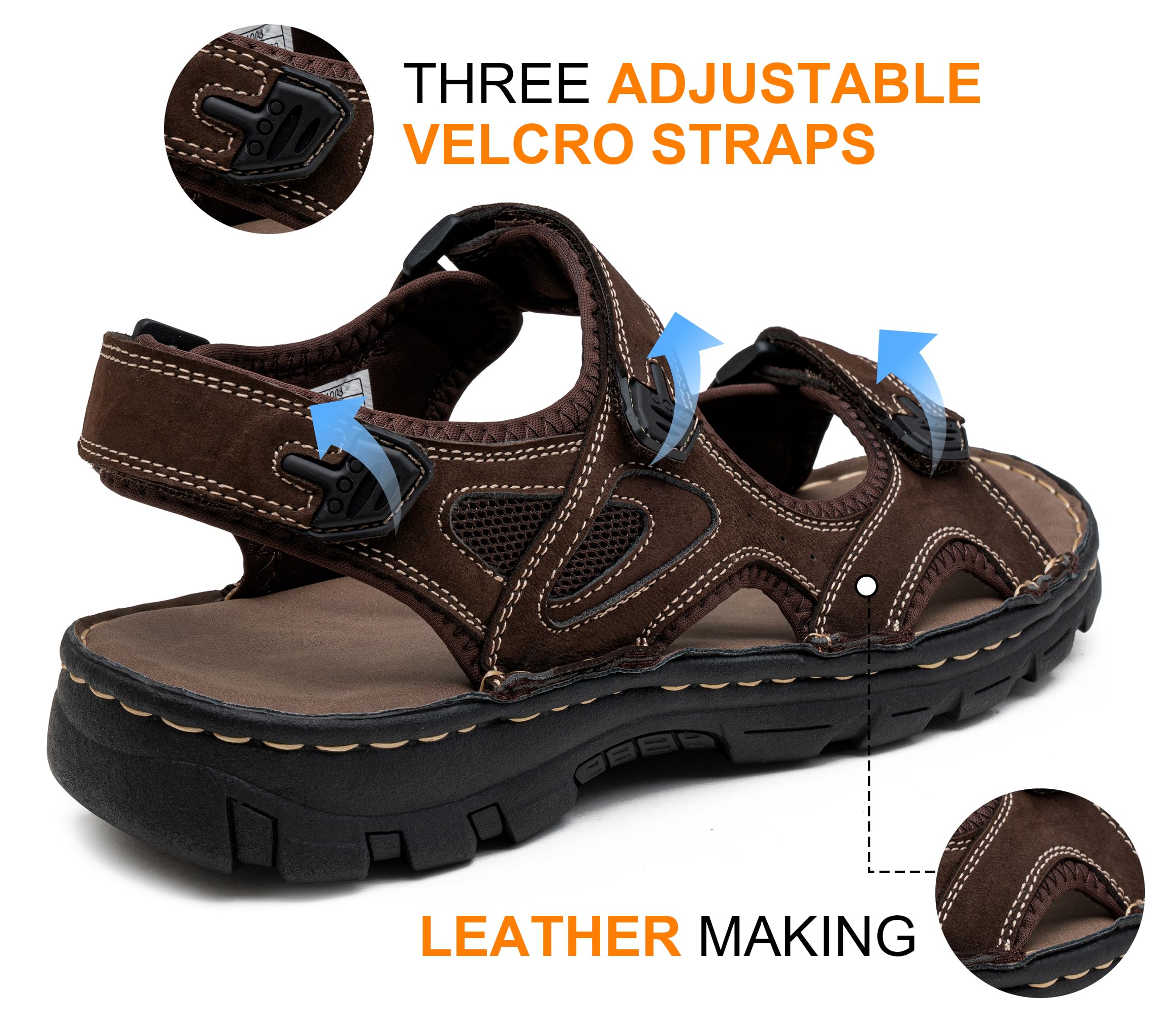 Jousen Men's Leather Open Toe Sandals - Breathable Beach & Hiking Sandals for Summer Outdoor Activities | Perfect for Walking, Travel and Water Sports
