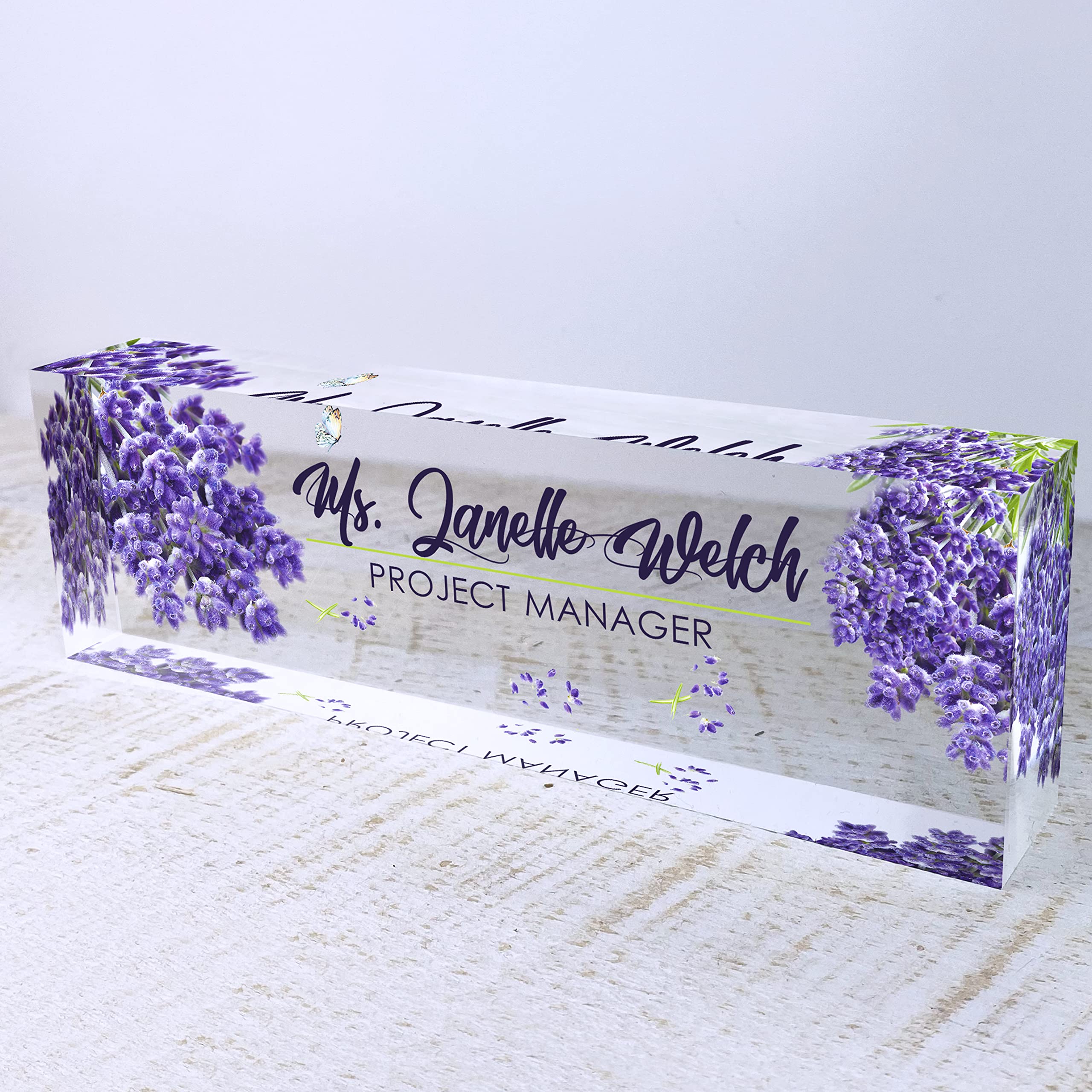 Artblox Custom Acrylic Name Plate - Personalized Desk Sign with Lavender Design for Teachers, PhD, Military & Office Professionals | Perfect for Workstations, Reception Desks & Professional Spaces