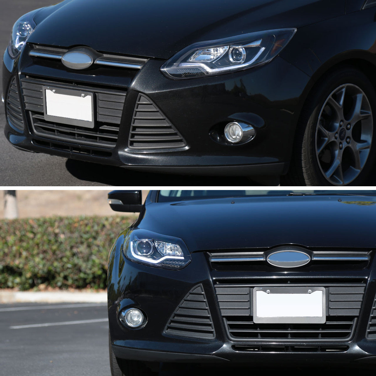 2012-2014 Ford Focus Projector Headlights with LED Light Strip & Sequential Turn Signals - Matte Black Housing & Clear Lens - Upgrade for Night Driving & Custom Car Styling