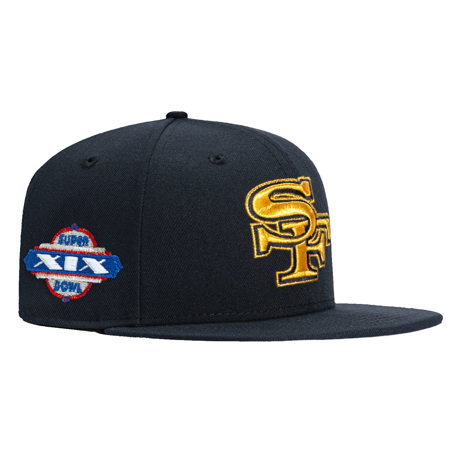 New Era 59Fifty San Francisco 49ers 1985 Super Bowl Patch Snapback Hat - Navy & Metallic Gold - Vintage NFL Football Cap for Fans & Collectors - Perfect for Game Day, Tailgating & Sports Memorabilia Display