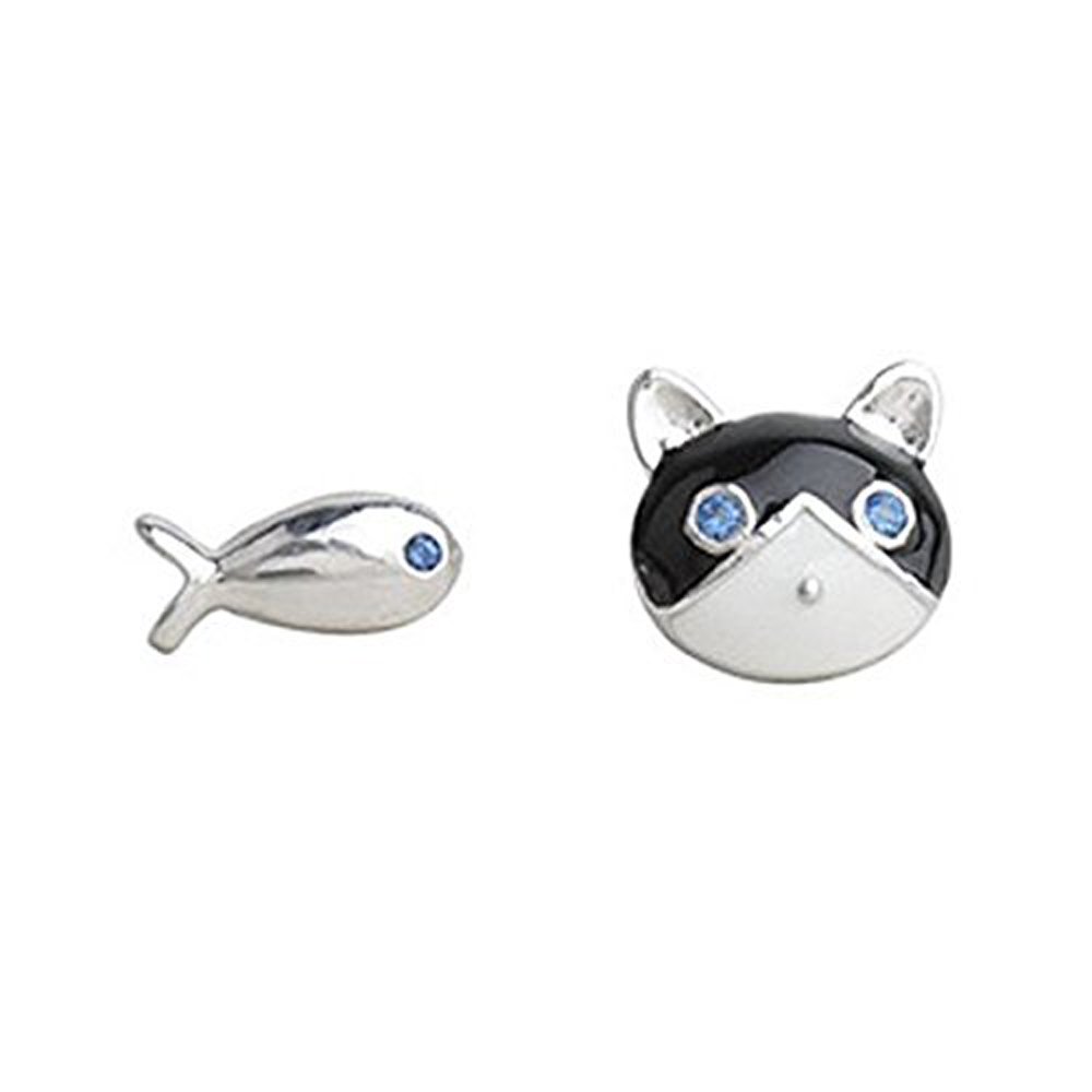 925 Sterling Silver Cat & Fish Enamel Stud Earrings for Women - Hypoallergenic Dainty Jewelry - Perfect Gift for Cat Lovers, Birthday, Anniversary (Ideal for Casual Wear, Date Night & Gift Giving)