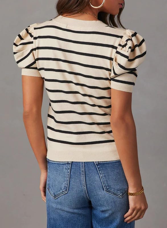 Dokotoo Women's Short Puff Sleeve Knit Top - 2025 Trendy Striped Crewneck T-Shirt | Casual Summer Blouse for Streetwear, Beach & Date Night Outfits