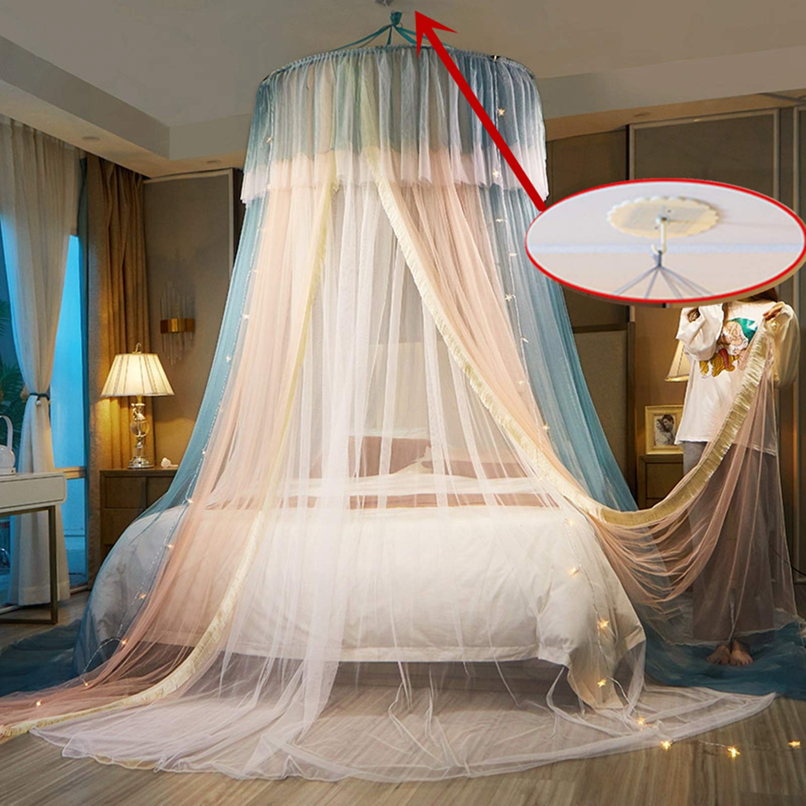 VETHIN Princess Bed Canopy for Girls - Double Layer Sheer Mesh Dome Bed Curtain with Round Lace, Mosquito Net Tent for Twin/Full/Queen/King Size Beds (Blue, Pink, White) - Perfect for Kids' Bedrooms, Nursery Decor, and Princess-Themed Sleepovers