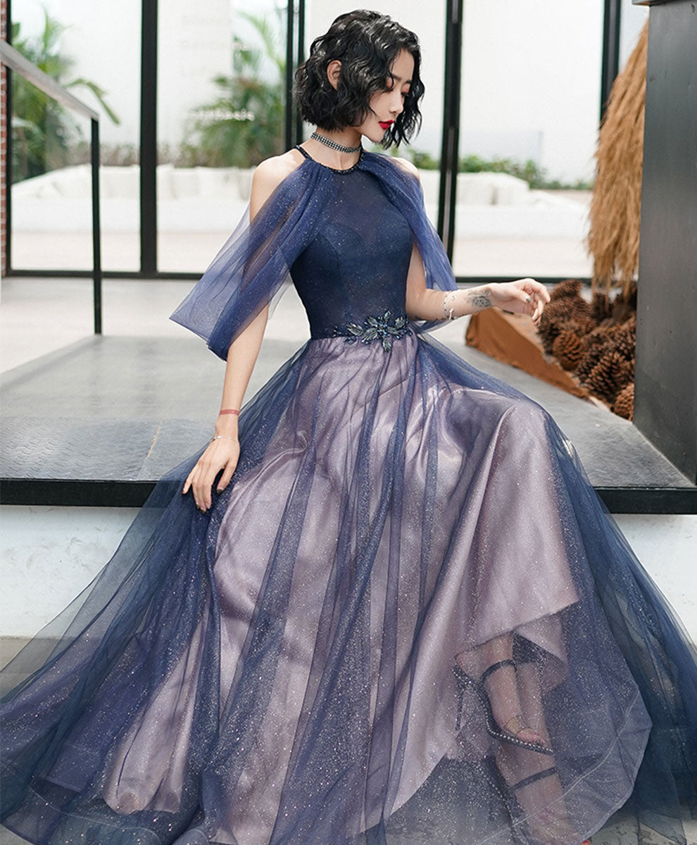 Elegant Blue Tulle Sequin Long Prom Dress for Women - Sparkling Evening Gown for Homecoming, Ball, and Formal Events