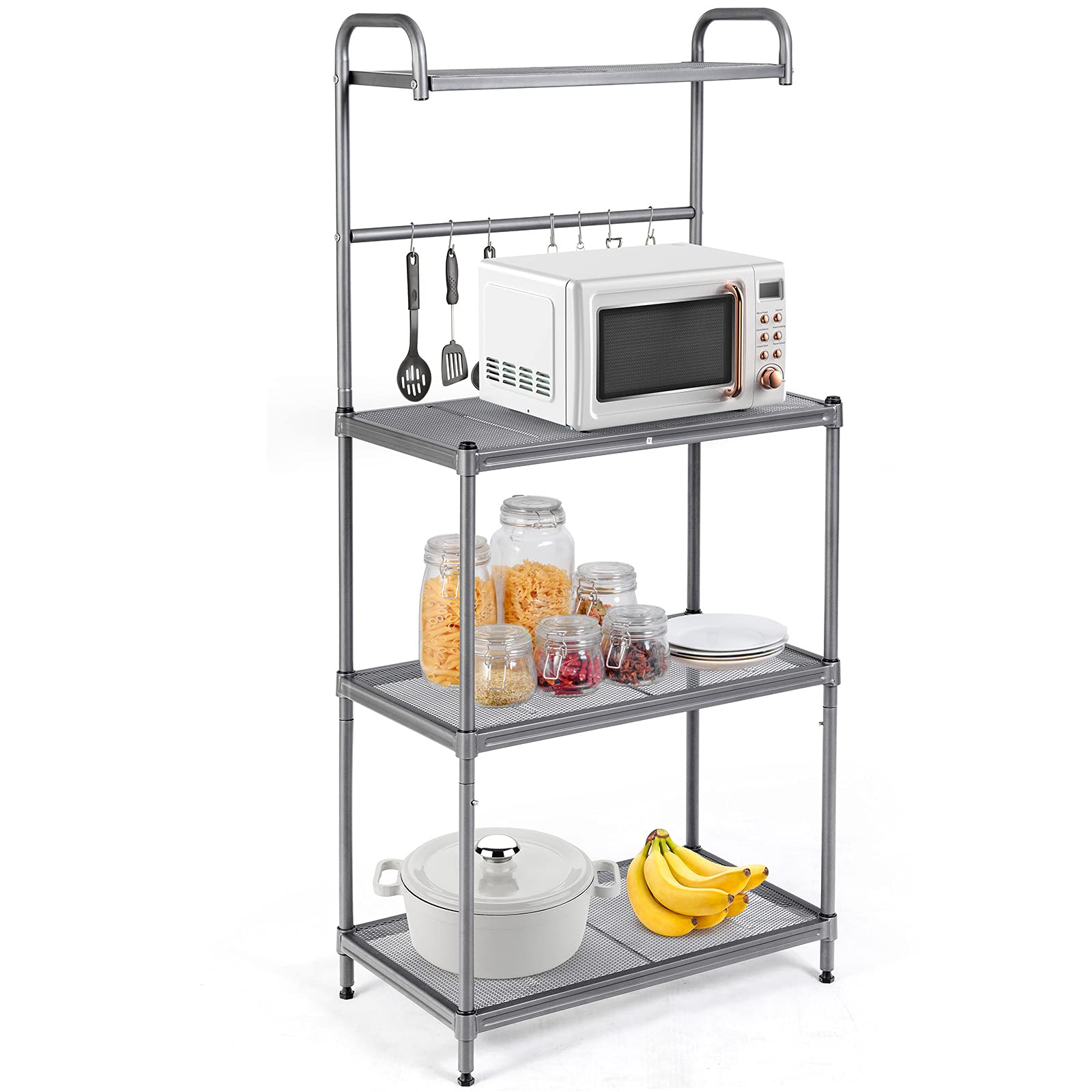 PETSITE 4-Tier Metal Baker's Rack with Microwave Stand - Kitchen Storage Shelf for Spices, Pots & Pans - Space-Saving Grey Utility Rack for Small Kitchens, Apartments & Dorm Rooms