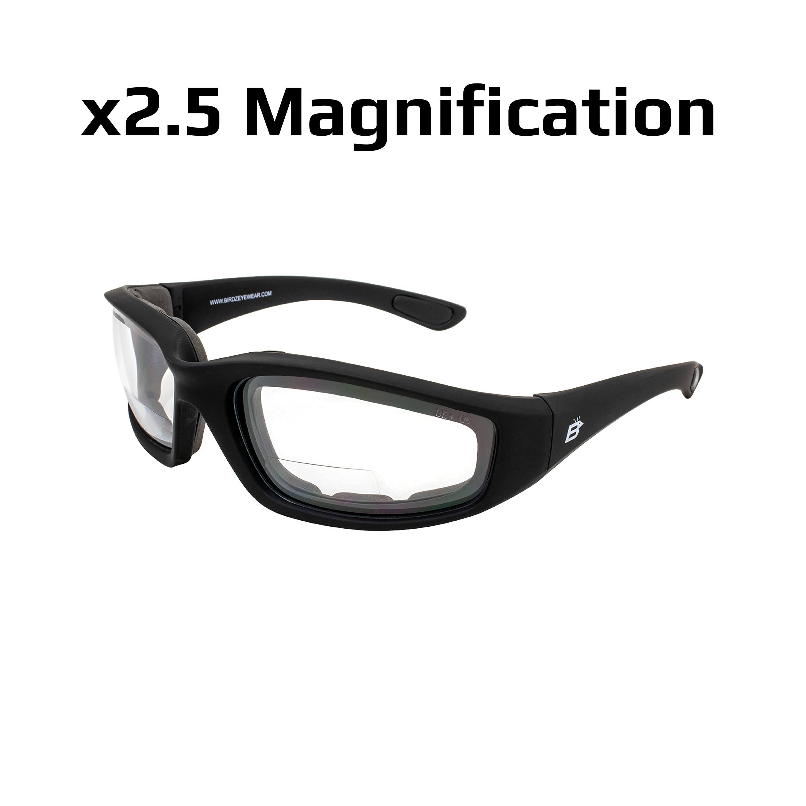 Birdz Eyewear Oriole Padded Safety Bifocal Motorcycle Glasses - Black Frame, Clear Lenses with 2.5 Magnification - Includes Carry Bag | Perfect for Riding, DIY Projects & Outdoor Activities