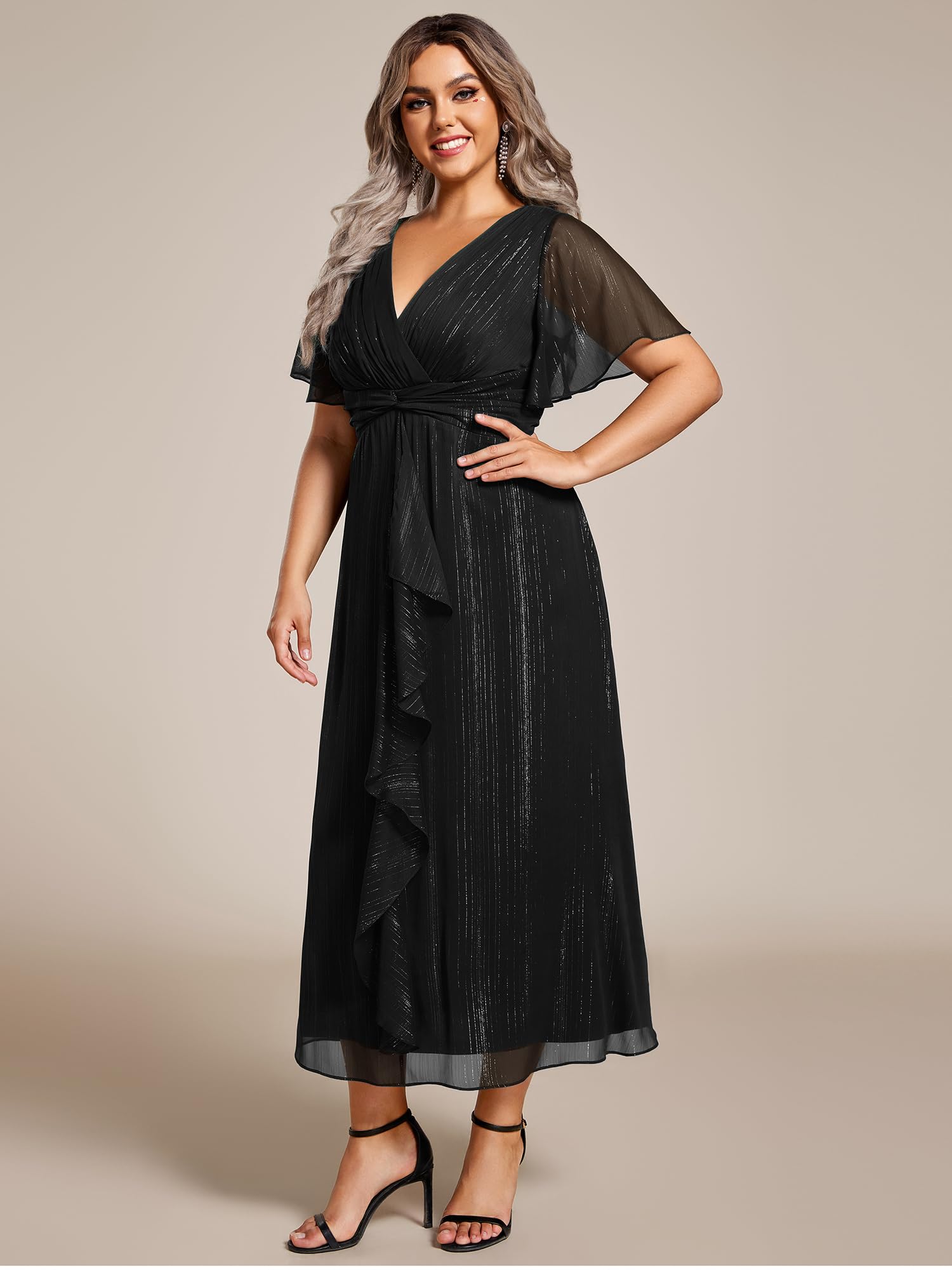 Ever-Pretty Plus Size Women's V-Neck Pleated A-Line Midi Dress - Short Sleeve Semi-Formal Dress for Weddings, Parties & Office Wear (Style 02131-DA)