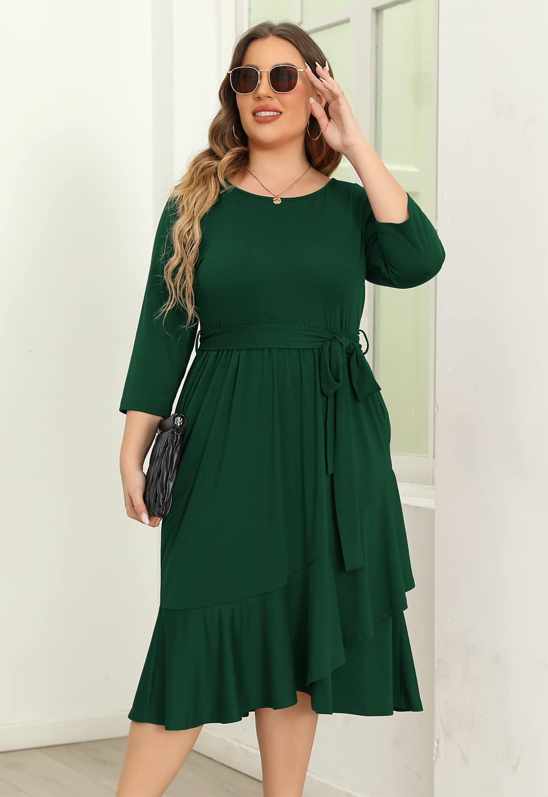 Plus Size Women's Spring Cocktail Dress with Empire Waist & Pockets - Elegant Midi Dress for Holiday Parties, Weddings & Special Occasions
