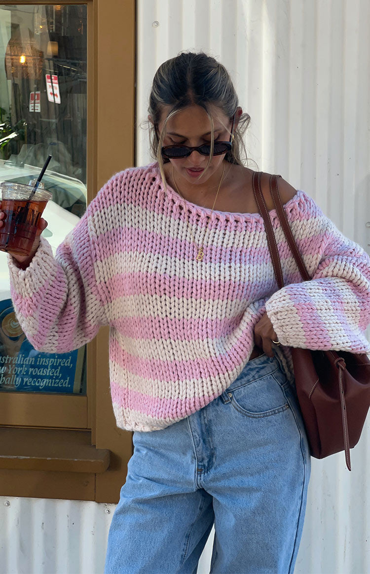 Bea Women's Pink Striped Knit Sweater - Soft & Cozy Pullover for Fall & Winter - Perfect for Casual Outfits, Office Wear & Holiday Gatherings
