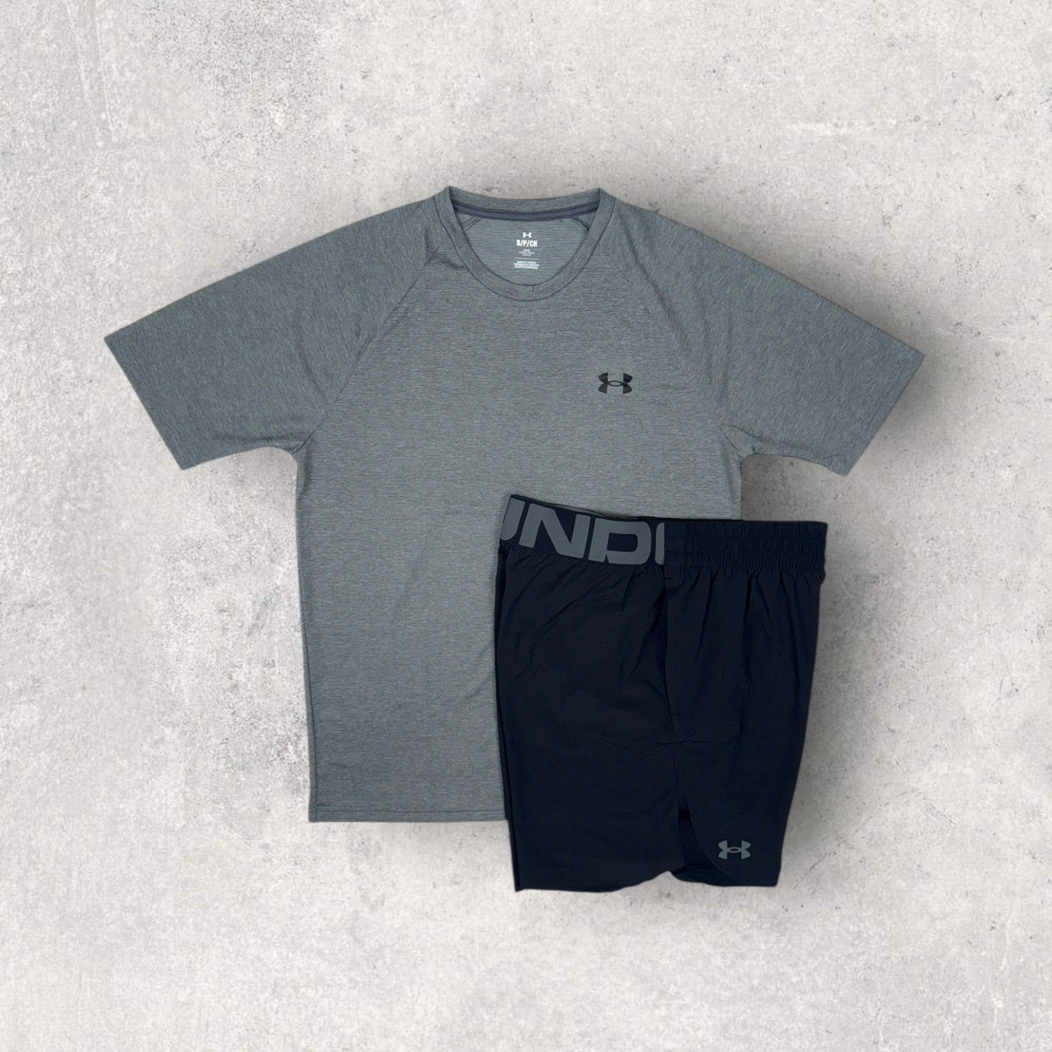 UNDER ARMOUR Men's Velocity Performance T-Shirt and Shorts Set - Moisture Wicking Athletic Workout Outfit in Grey/Black for Running, Gym & Training