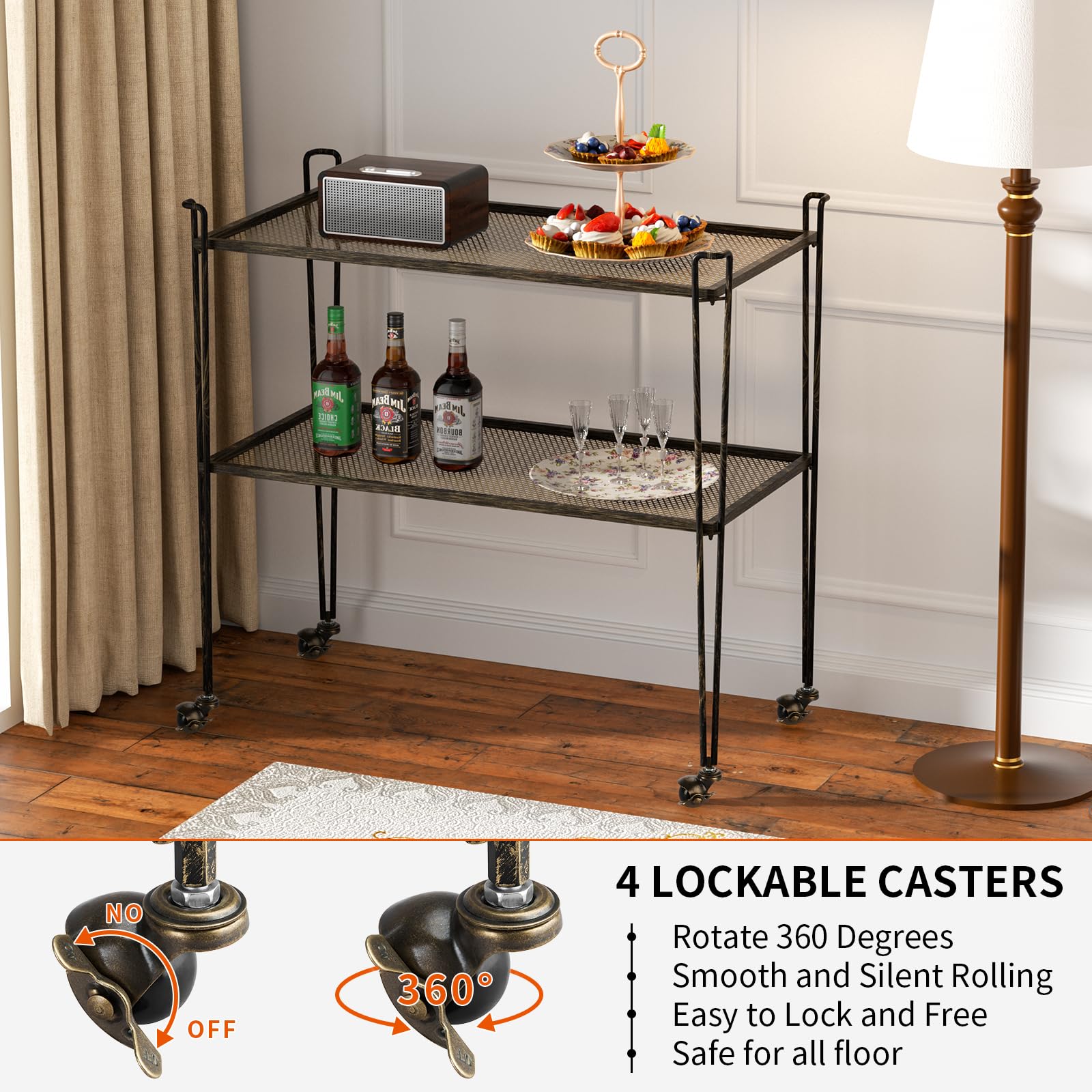 Premium Bronze Bar Cart - 2-Tier Rolling Beverage Serving Cart with Iron Frame (14.6