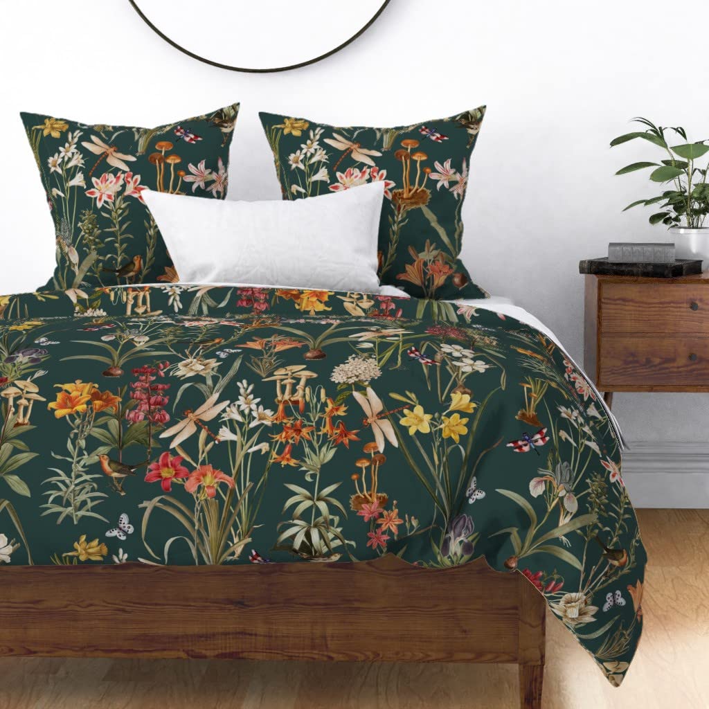 Custom Garden Dragonflies Dark Floral Print Cotton Sateen Duvet Cover for King/California King Beds - Luxury Bedding Set for Master Bedroom Decor