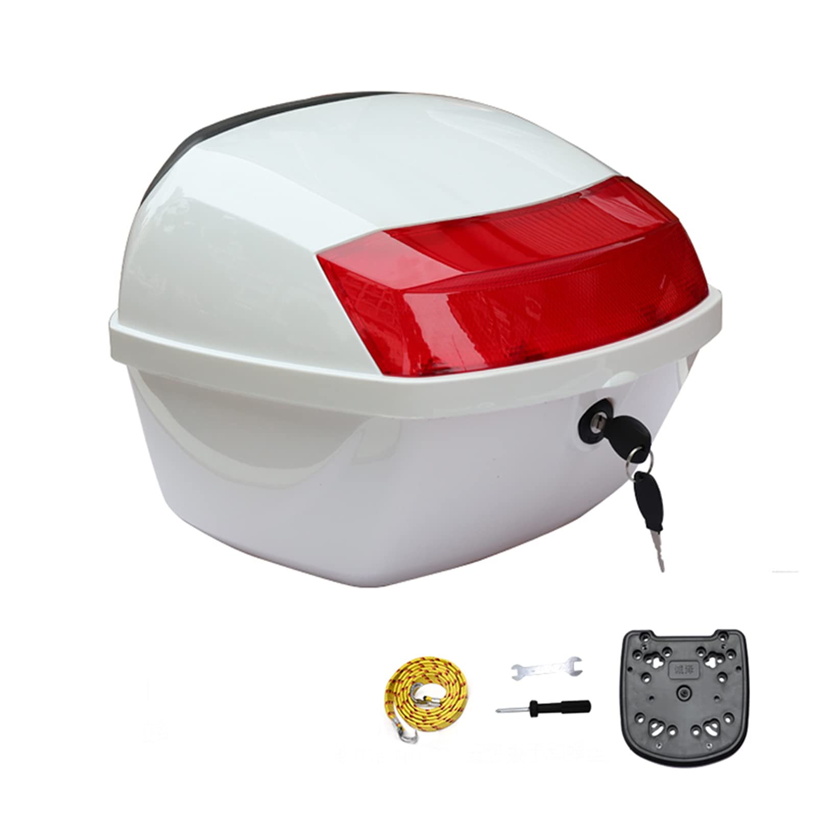 Durable ABS Motorcycle Tail Trunk Luggage Box with Reflectors & Backrest - Includes Lock & 2 Keys (White) - Perfect for Scooter Storage, Motorcycle Touring & Travel Accessories