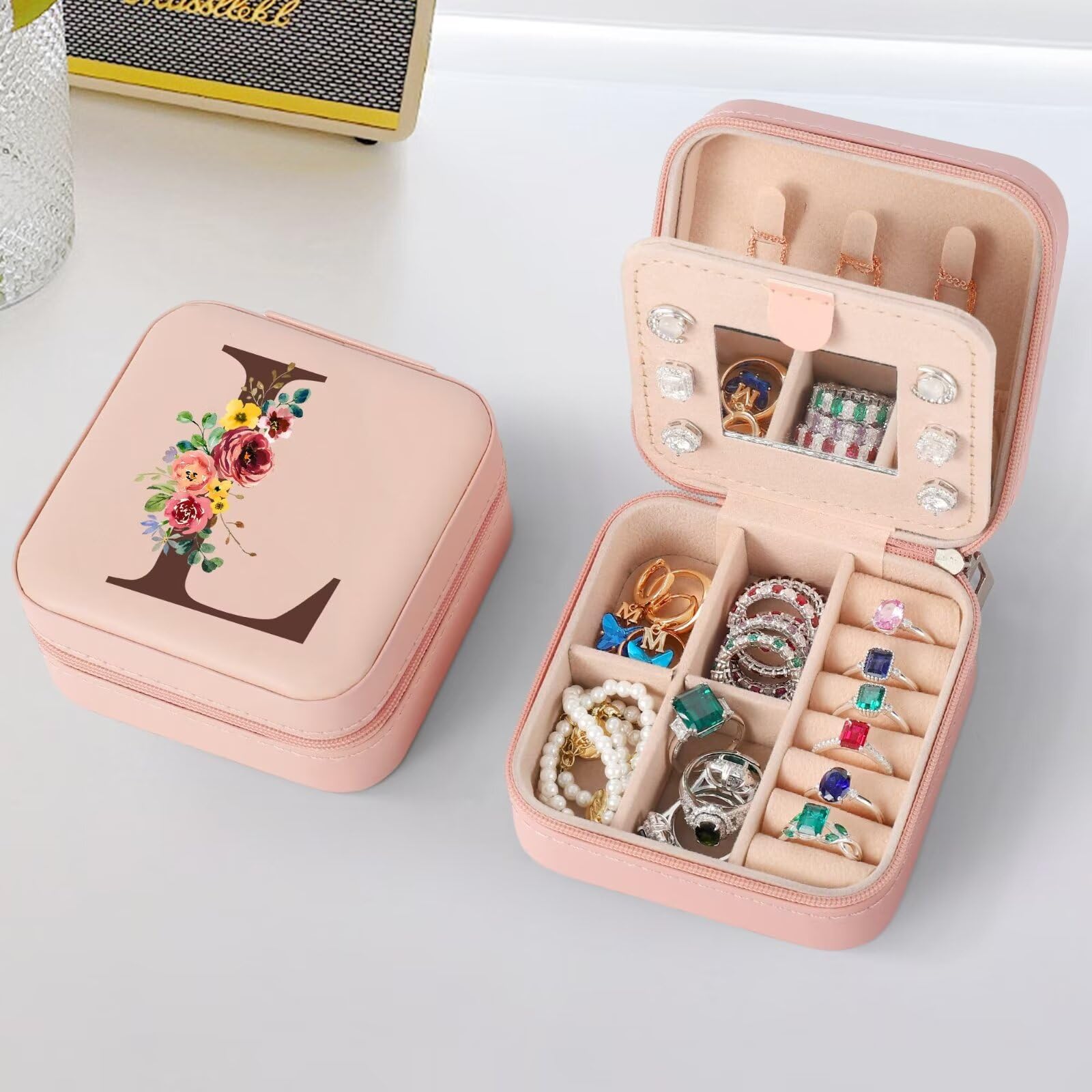Personalized Pink Initial Jewelry Case for Women - Letter L Travel Jewelry Organizer Box, Unique Birthday Gift Idea for Her, Perfect for Travel, Home Storage & Special Occasions
