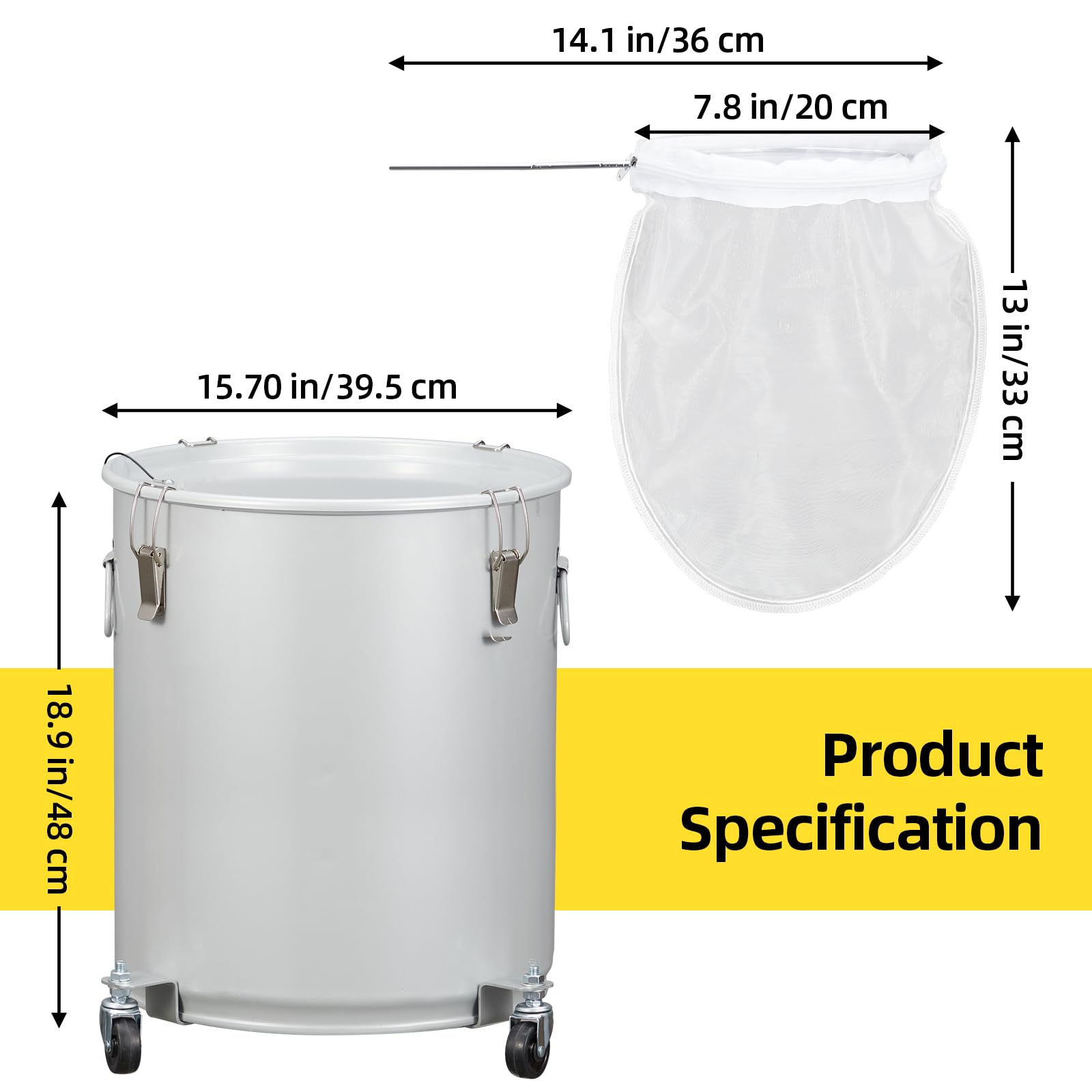 16 Gallon Fryer Grease Bucket - Coated Carbon Steel Oil Filter Pot with Caster Wheels, Lid Lock & Nylon Filter Bag - Commercial Kitchen Oil Disposal & Transport Container for Restaurants, Food Trucks & Catering Services