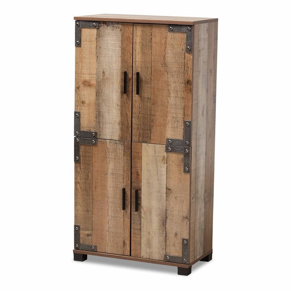 BOWERY HILL Rustic Brown 4-Door Wooden Shoe Storage Cabinet - Organize Entryway, Closet & Bedroom Shoes | Space Saving Shoe Rack for Home & Office